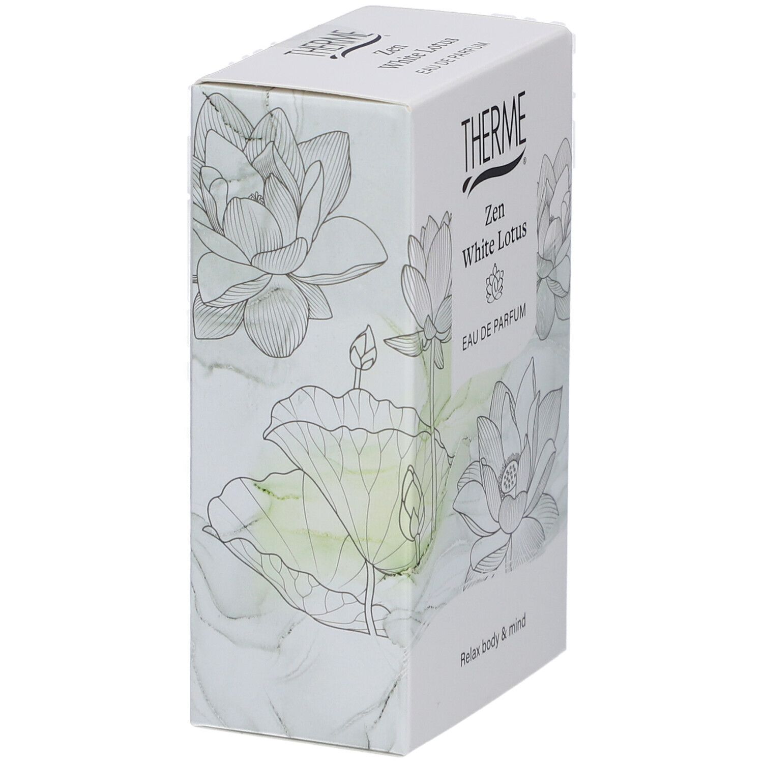 Emballage Therme Zen White Lotus Eau de Parfum. Boîte blanche avec illustrations de fleurs de lotus. Vue en angle.