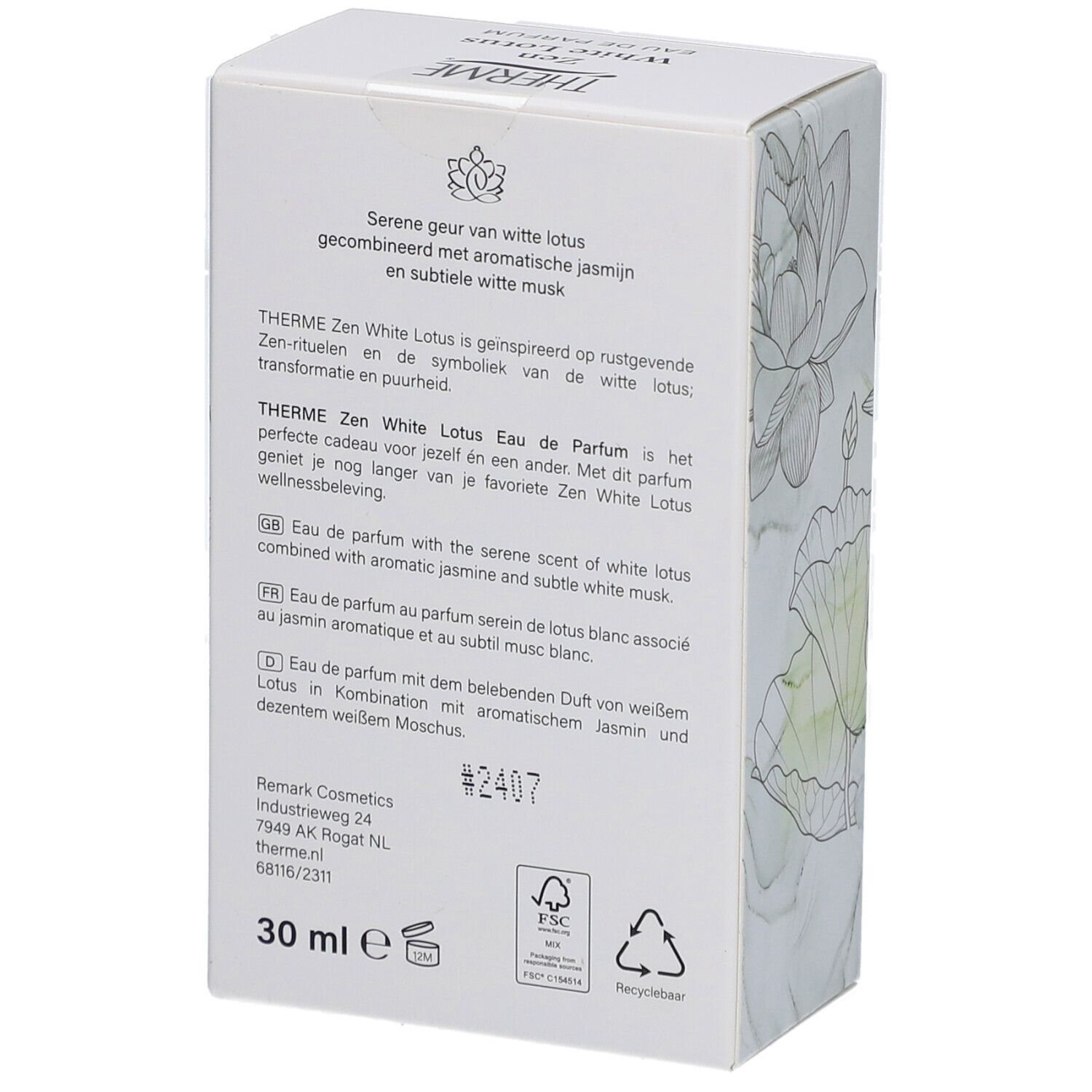 Dos de l'emballage Therme Zen White Lotus Eau de Parfum. Texte multilingue. Logo FSC, symbole de recyclage.