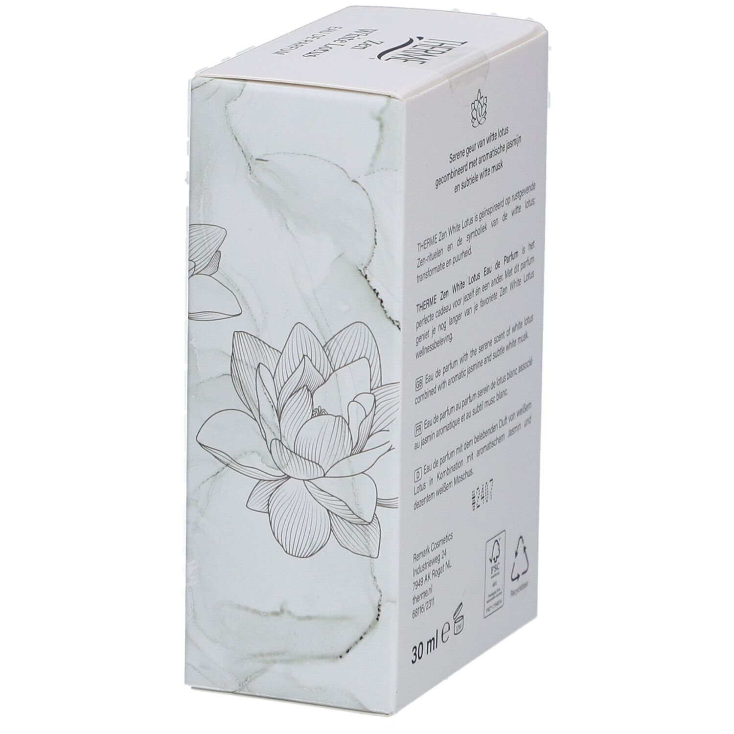 Emballage Therme Zen White Lotus Eau de Parfum. Boîte blanche avec illustrations de lotus. Vue en angle, texte.