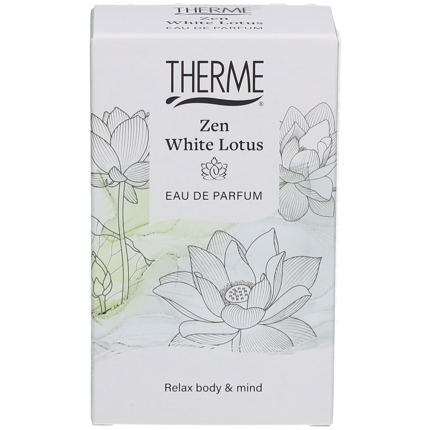 Boîte blanche Therme Zen White Lotus Eau de Parfum. Illustrations de fleurs de lotus. Texte: THERME, Zen White Lotus, Eau de Parfum.