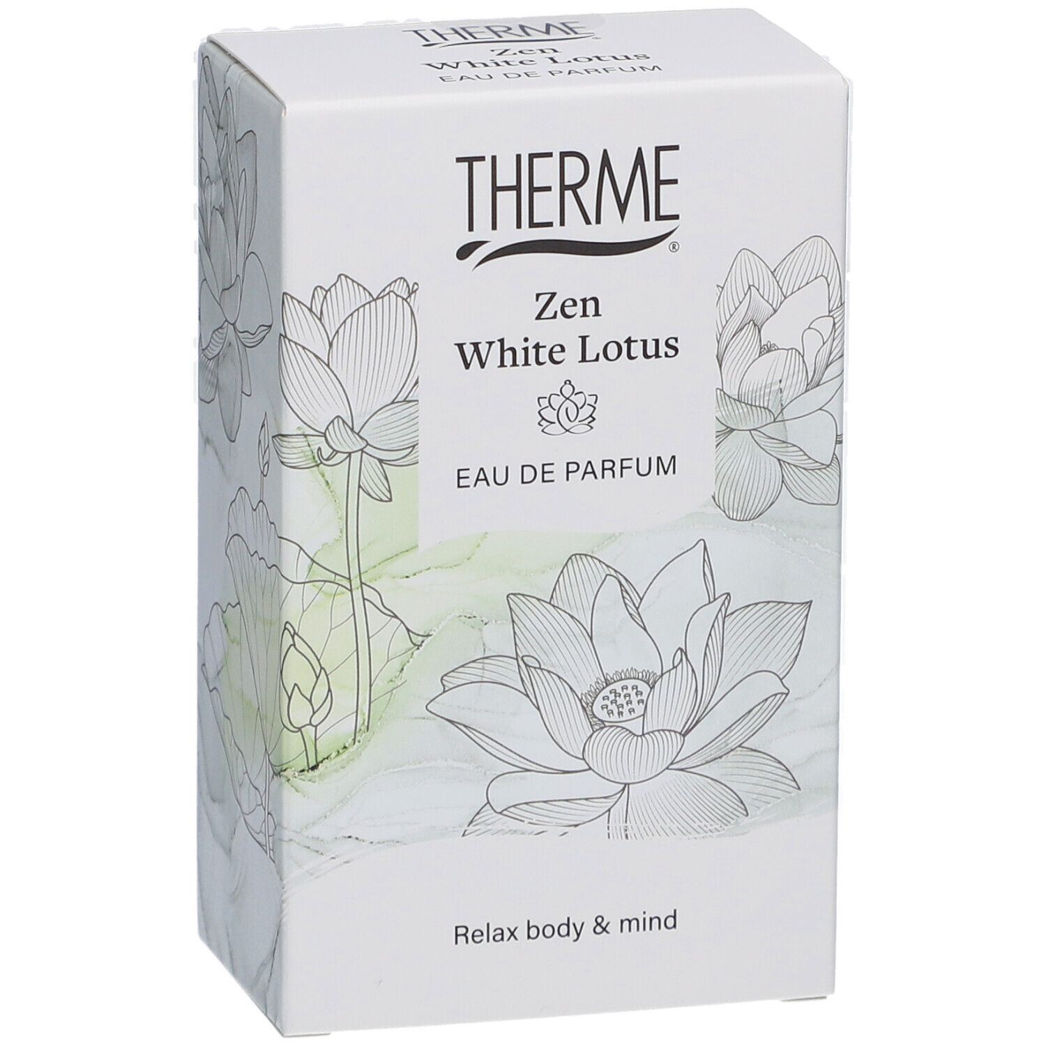 Boîte blanche Therme Zen White Lotus Eau de Parfum. Illustrations de fleurs de lotus. Texte: THERME, Zen White Lotus, Eau de Parfum.