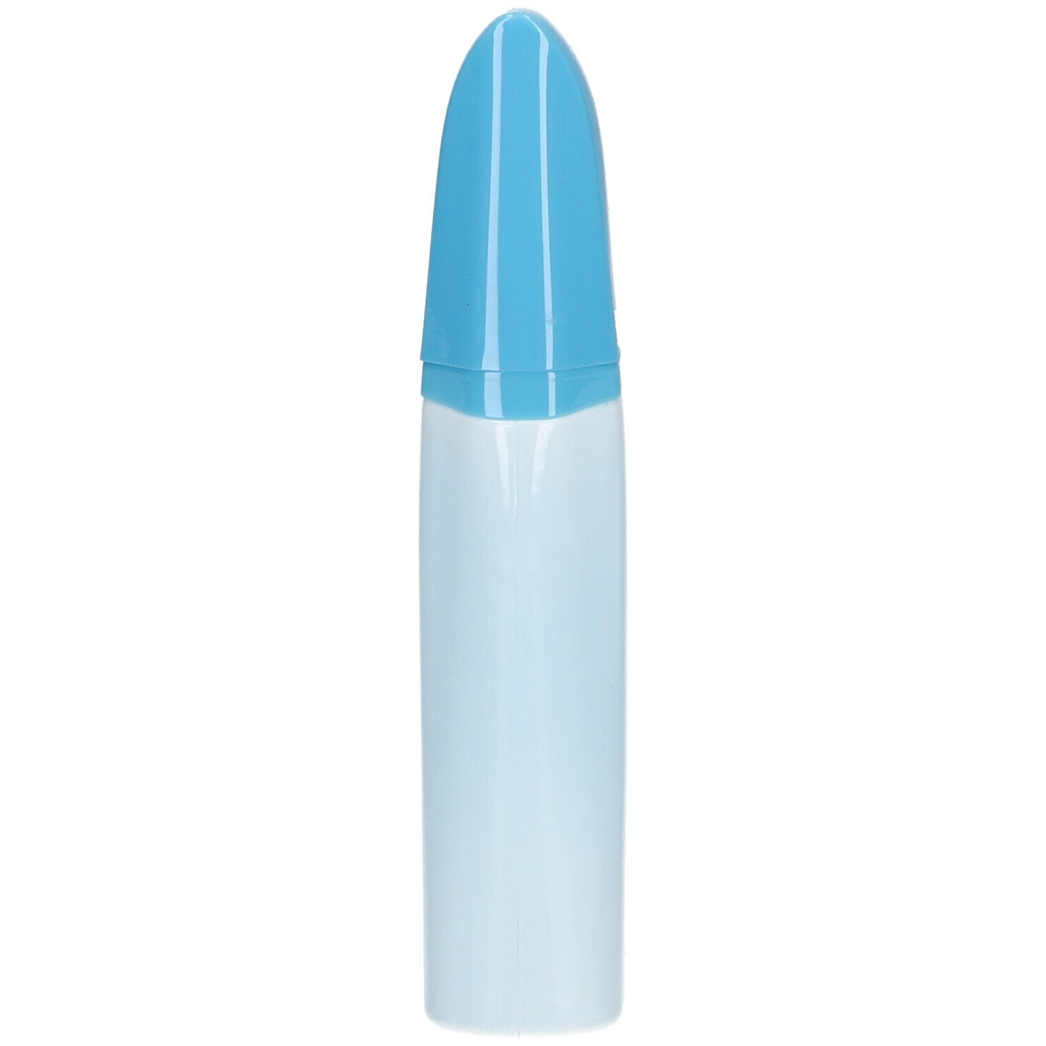 Slanke, lichtblauwe fles met blauwe dop. De dop is langwerpig en afgerond. Geen andere opschriften zichtbaar.
