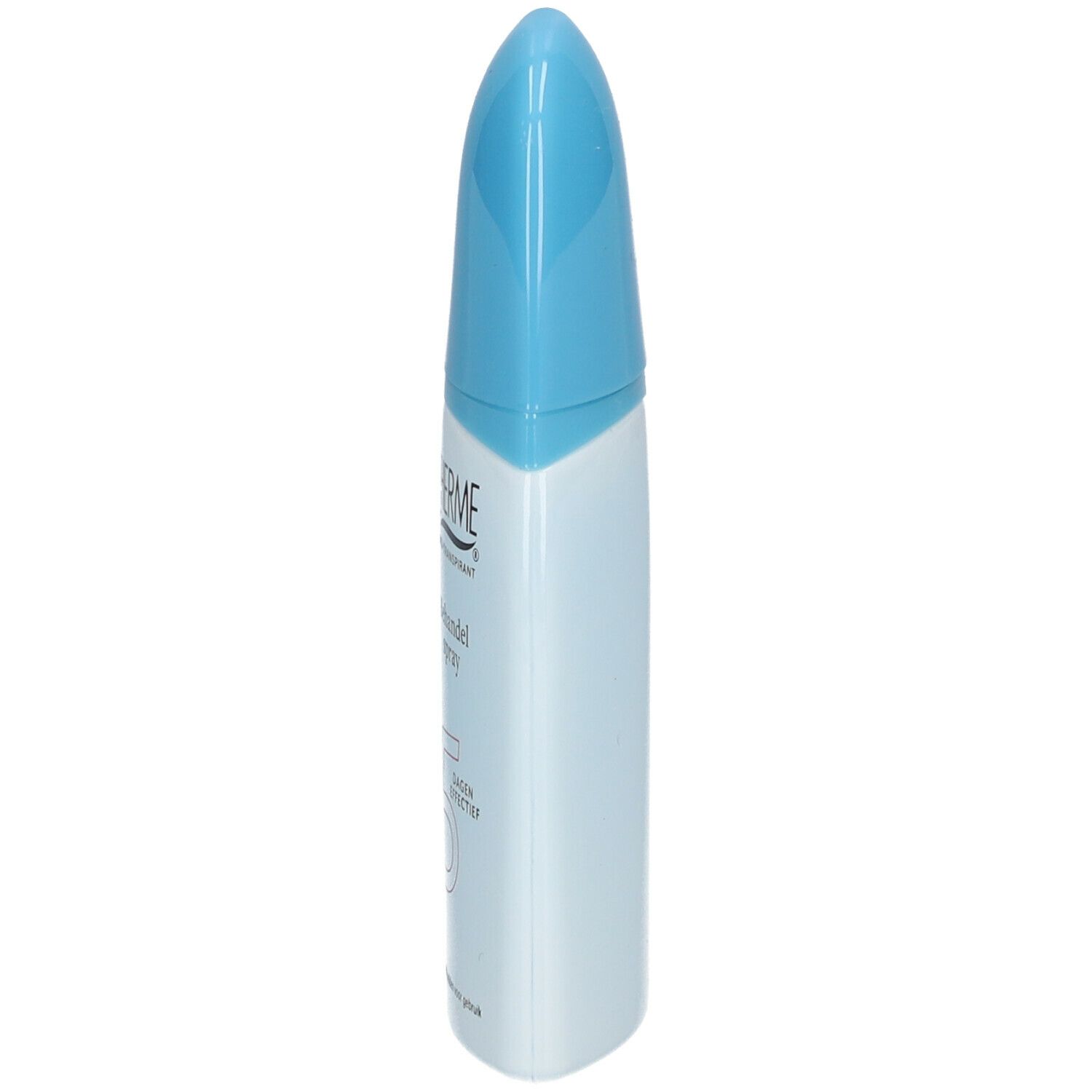 Lichtblauwe fles met blauwe dop. Opschrift THERME, Anti-transpirant, Behandel spray, 5 Dagen Effectief. Tekst op de zijkant.