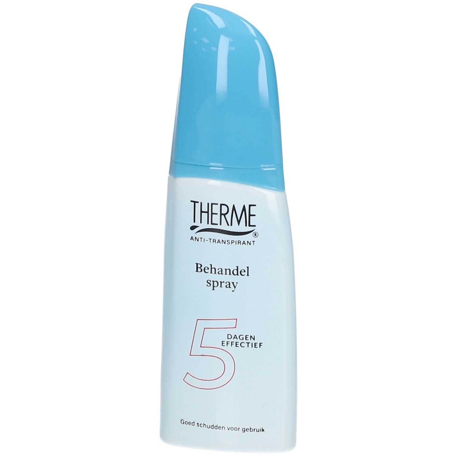 Lichtblauwe sprayfles met blauwe dop. Opschrift THERME, Anti-transpirant, Behandel spray, 5 Dagen Effectief. Tekst: Goed schudden.