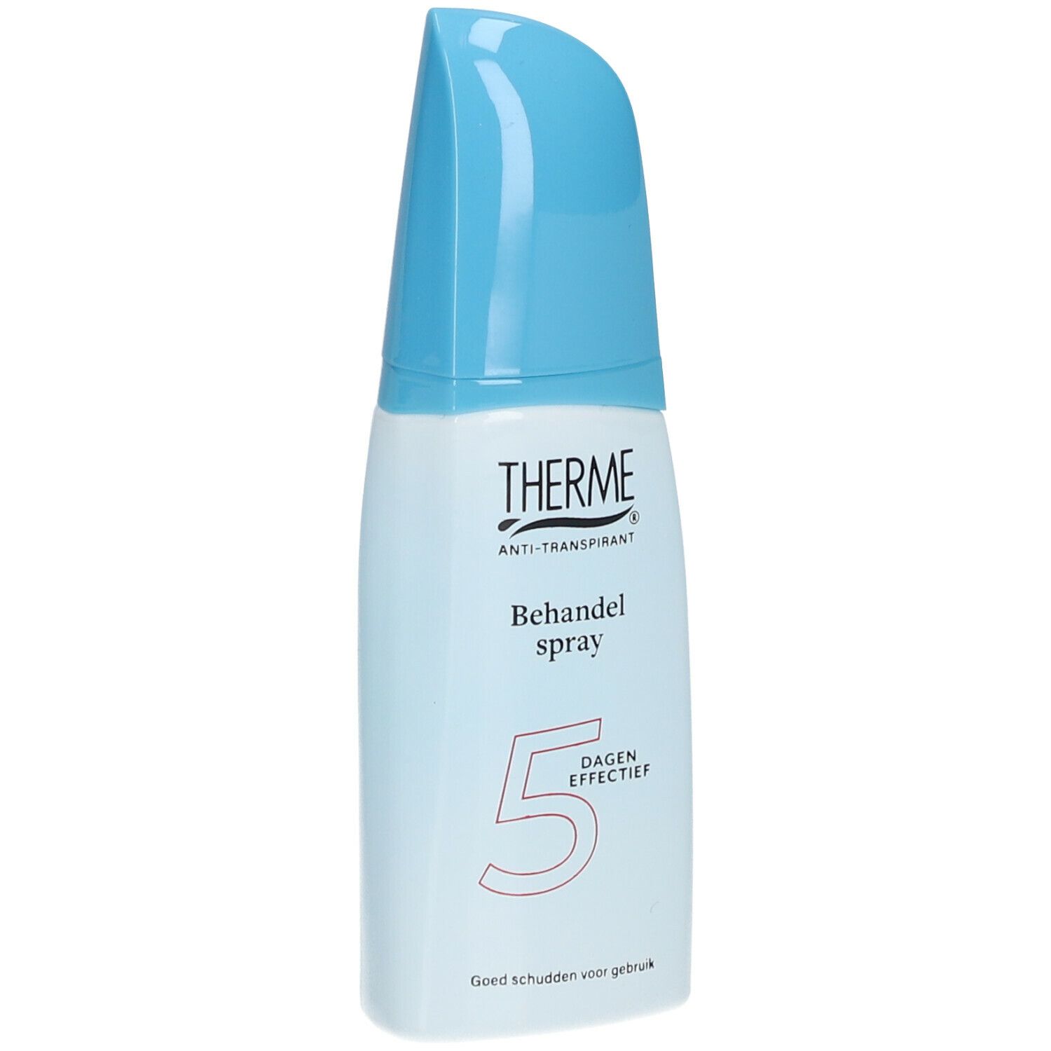 Lichtblauwe sprayfles met blauwe dop. Opschrift THERME, Anti-transpirant, Behandel spray, 5 Dagen Effectief. Tekst: Goed schudden.