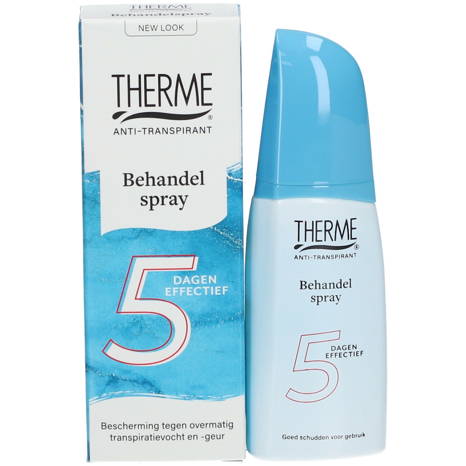 Productverpakking en fles. Verpakking: THERME, Anti-transpirant, Behandel spray, 5 Dagen Effectief. Fles: identiek.