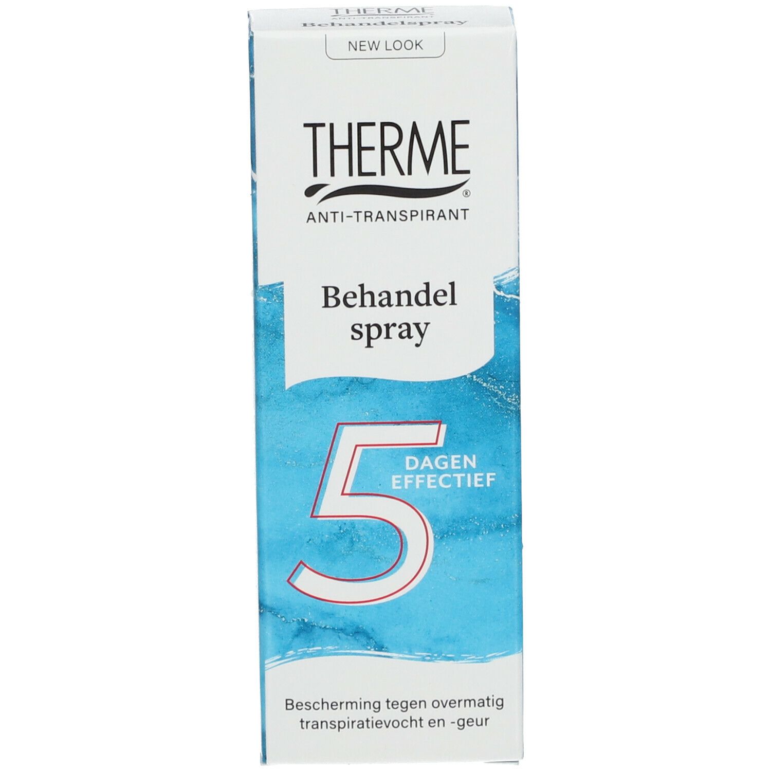 Productverpakking. Opschrift THERME, Anti-transpirant, Behandel spray, 5 Dagen Effectief. Tekst: Bescherming tegen overmatige transpiratievocht en -geur.