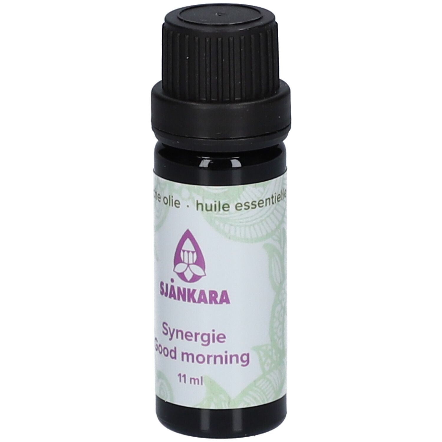 Flacon brun avec bouchon noir. Étiquette avec SJANKARA, Synergie Good morning, 11 ml. Motif de fond.