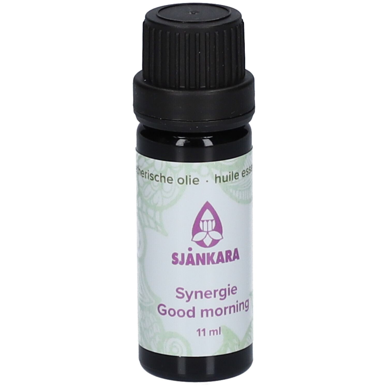 Flacon brun avec bouchon noir. Étiquette avec SJANKARA, Synergie Good morning, 11 ml. Motif de fond.