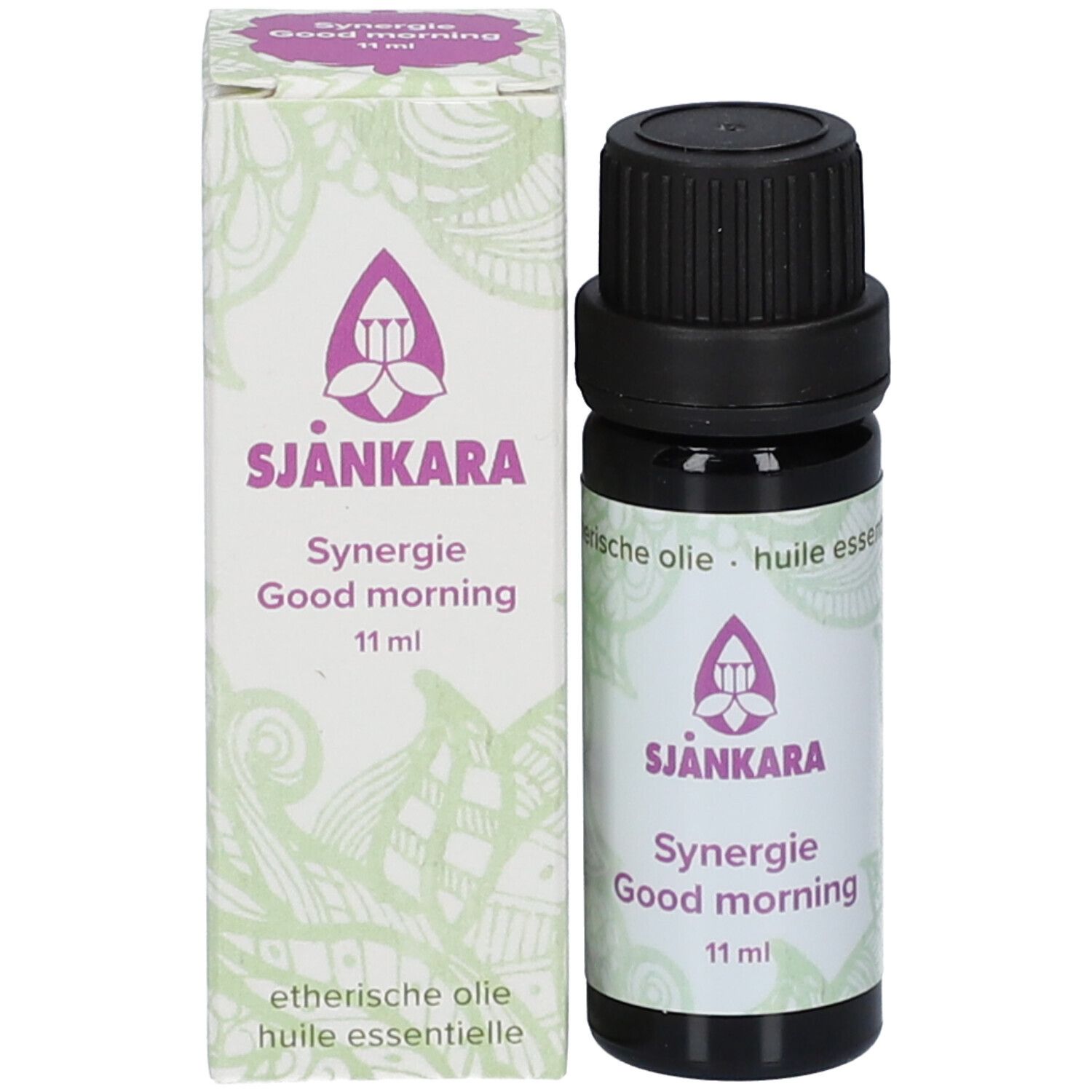 Flacon brun et boîte. Étiquette et boîte avec SJANKARA, Synergie Good morning, 11 ml.