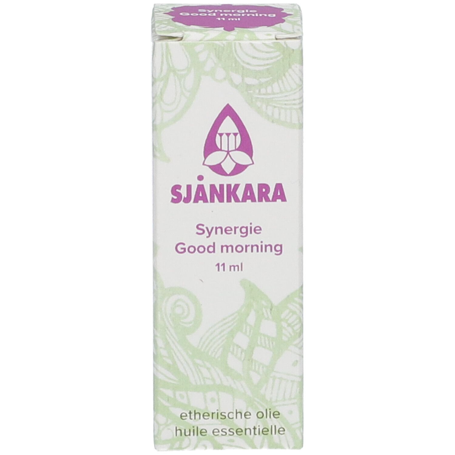 Boîte blanche avec SJANKARA, Synergie Good morning, 11 ml. Motif de fond et texte.