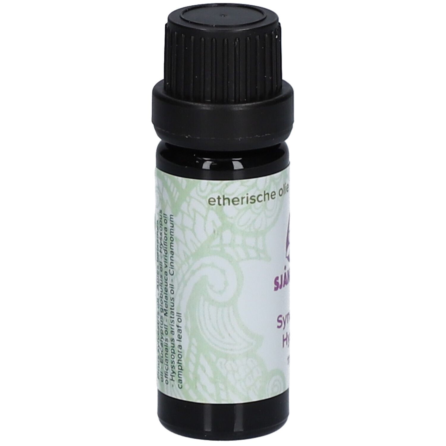 Bruine glazen fles met zwarte dop. Etiket met ingrediënten en logo.