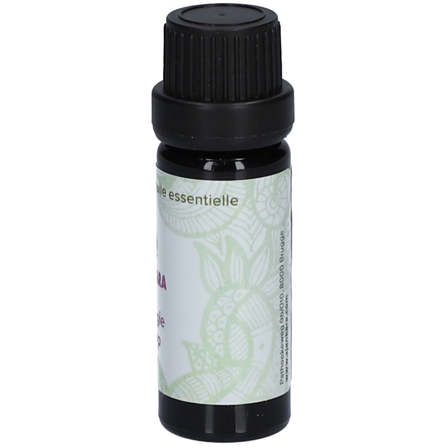 Bruine glazen fles met zwarte dop. Etiket met productnaam en logo.