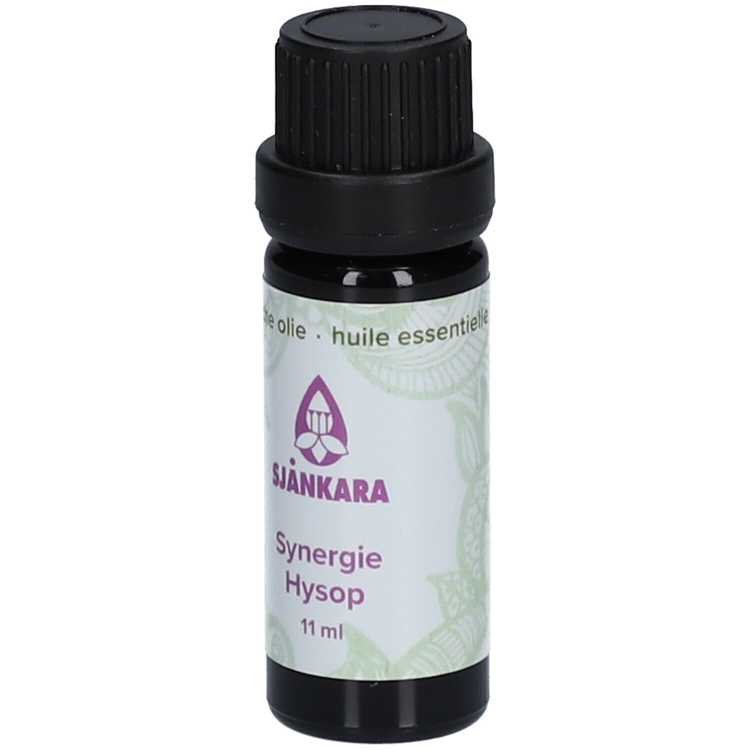Bruine glazen fles met zwarte dop. Etiket met logo, productnaam en volume-aanduiding.