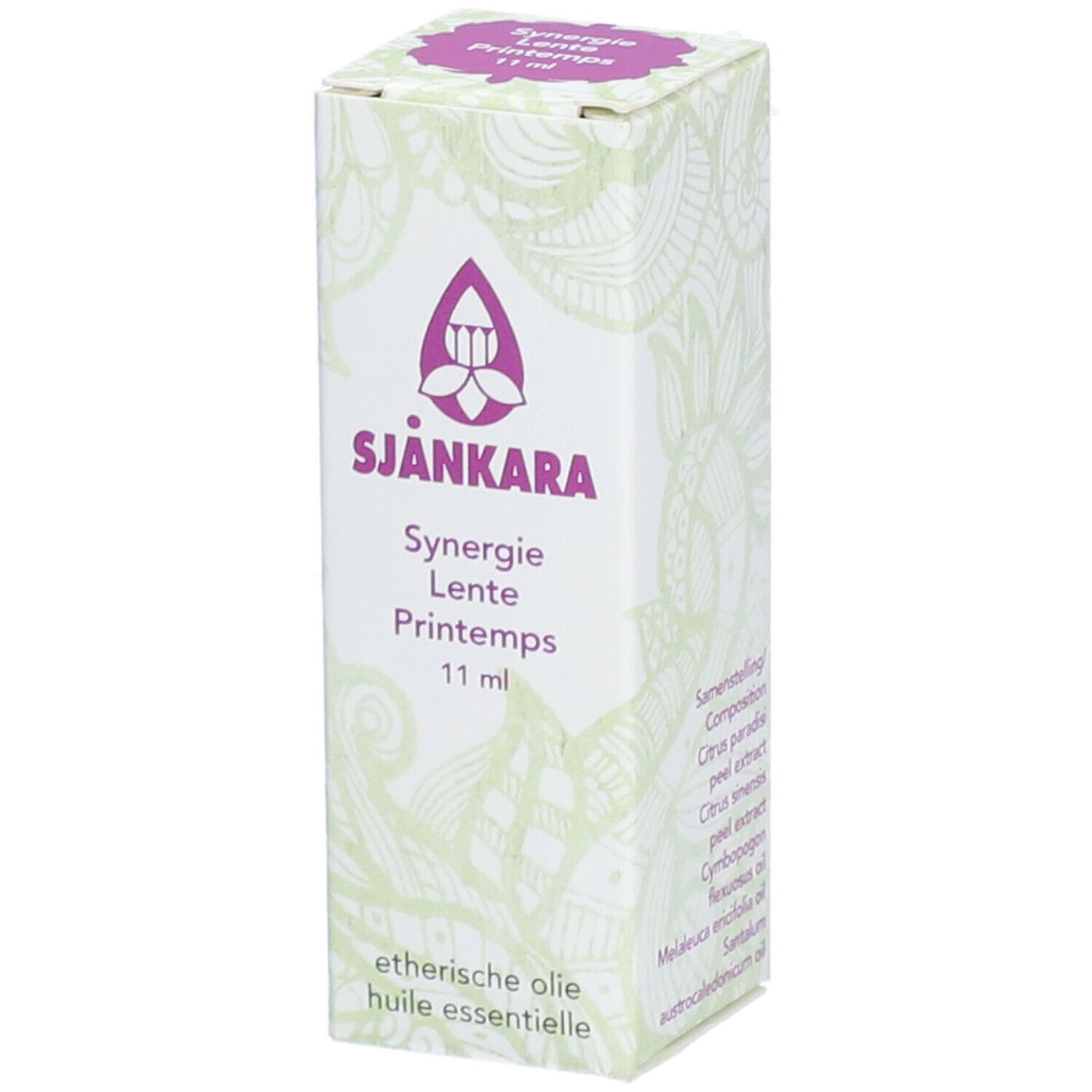 Verpakking van Sjankara Synergie Lente Printemps, 11 ml. Paars logo en tekst op witte achtergrond met bloemmotief.