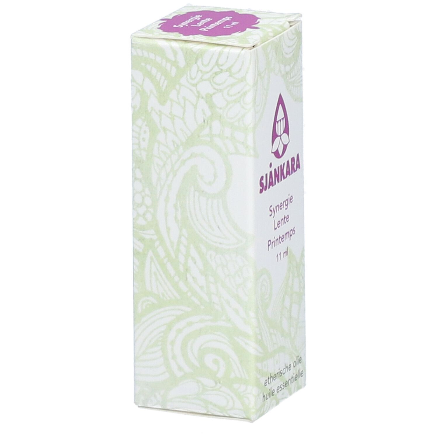 Verpakking Sjankara Synergie Lente Printemps. Wit met bloemmotief en paars logo. Zijaanzicht.
