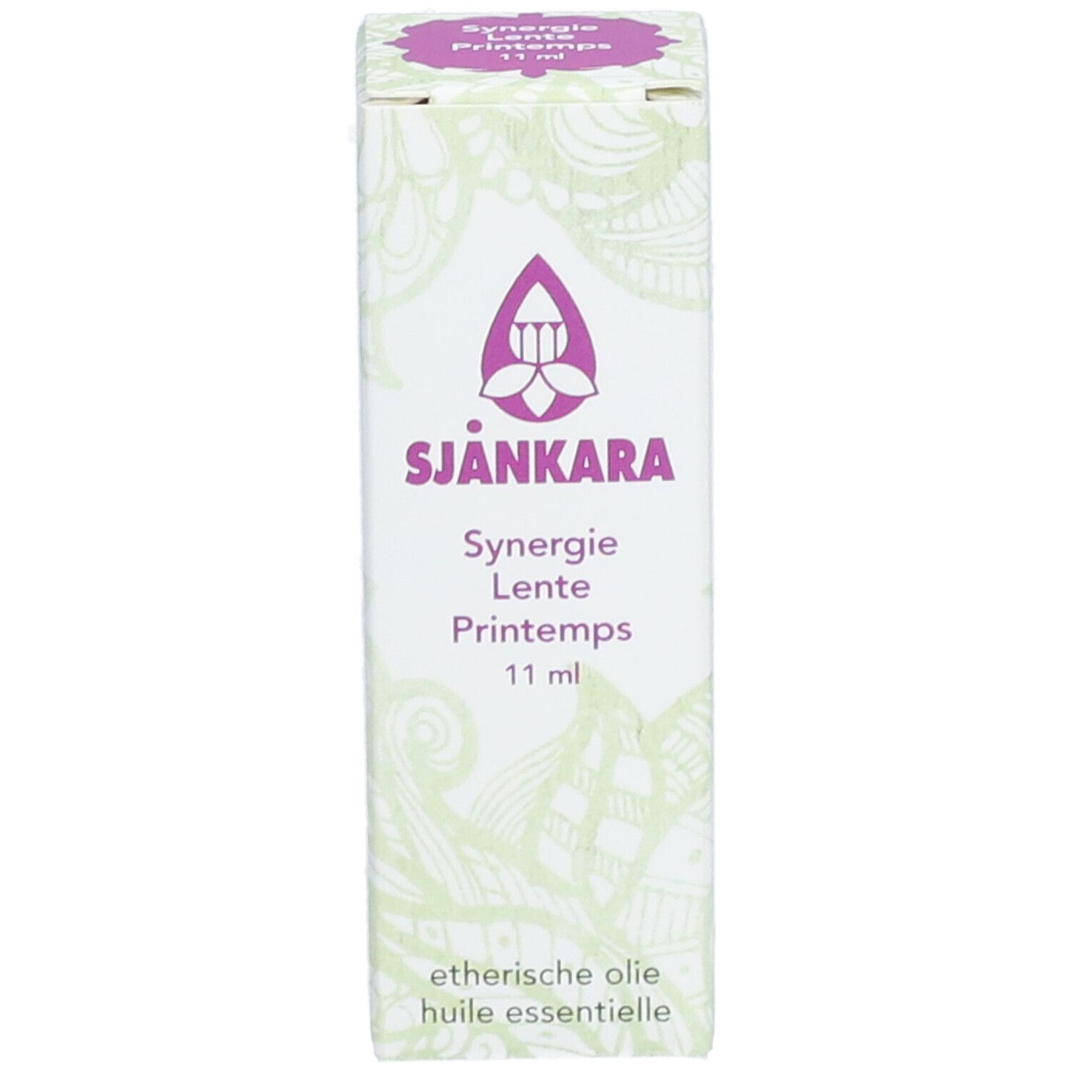 Verpakking van Sjankara Synergie Lente Printemps, 11 ml. Paars logo en tekst op witte achtergrond.