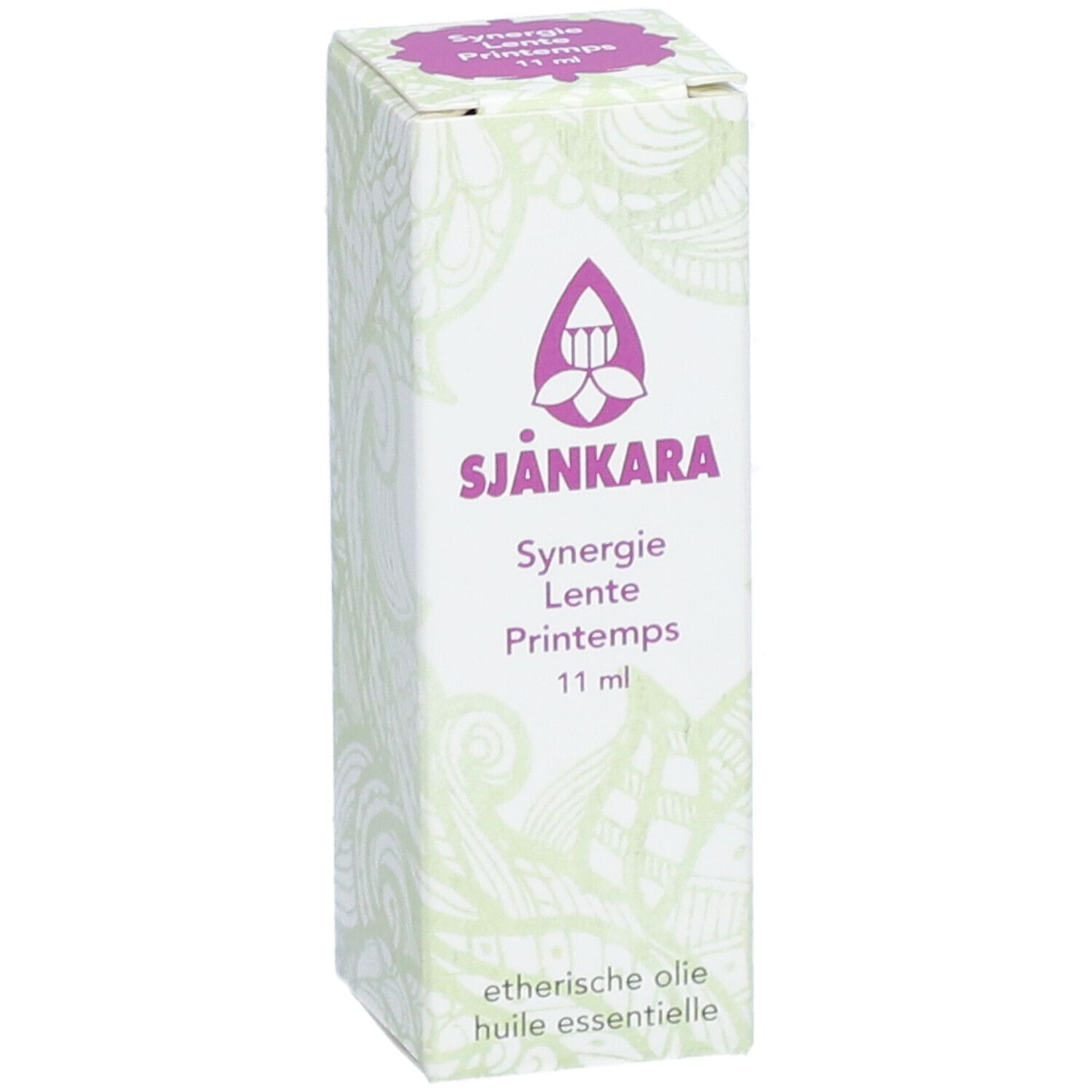 Verpakking van Sjankara Synergie Lente Printemps, 11 ml. Paars logo en tekst op witte achtergrond.