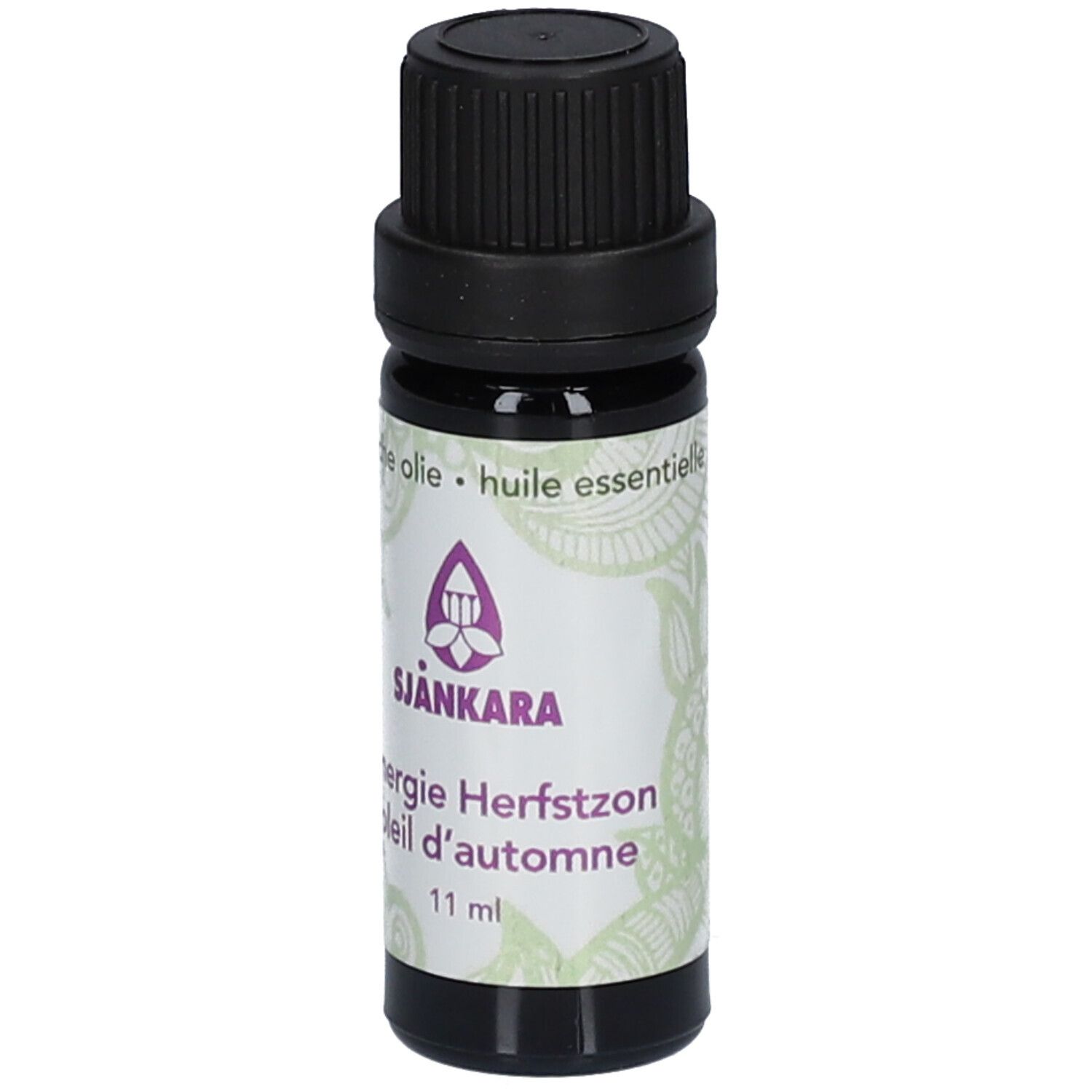Flacon en verre brun avec bouchon noir. Étiquette avec logo, nom du produit et 11 ml. Huile essentielle.