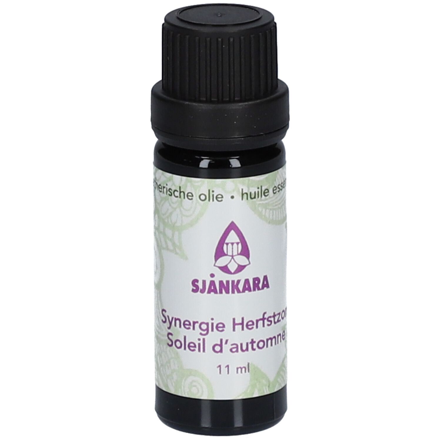 Flacon en verre brun avec bouchon noir. Étiquette avec logo, nom du produit et 11 ml. Huile essentielle.