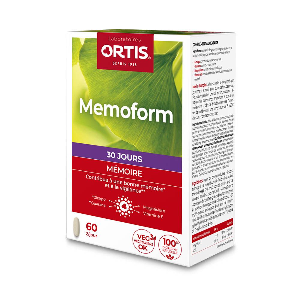 Boîte Ortis Memoform. Boîte blanche avec logo et nom du produit rouges. Contient 60 comprimés. Texte : 30 jours, mémoire, végétarien.