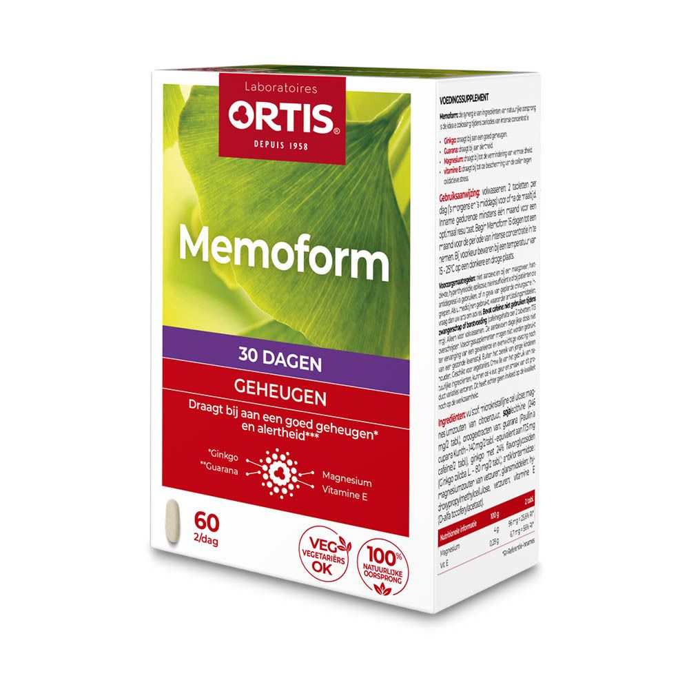 Boîte Ortis Memoform. Boîte blanche avec logo et nom du produit rouges. Contient 60 comprimés. Texte : 30 jours, mémoire, végétarien.
