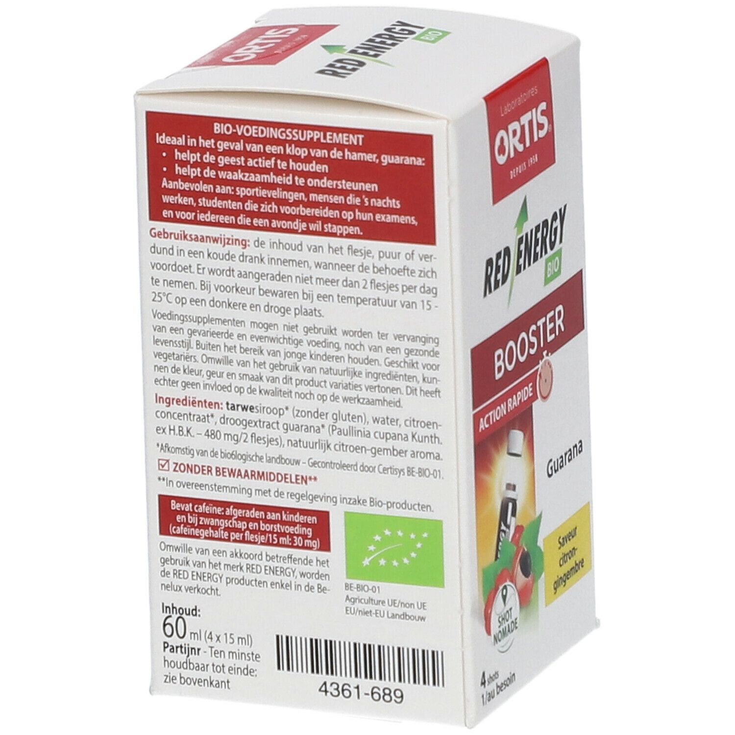 ORTIS® Red Energy BIO Booster. Achterkant van de doos met tekst. Bevat 60 ml. Bio-certificering.