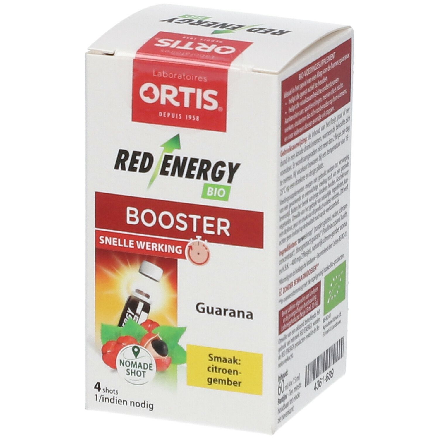 ORTIS® Red Energy BIO Booster. Witte doos met rode en groene tekst. Bevat 4 shots. Smaak: citroen-gember.