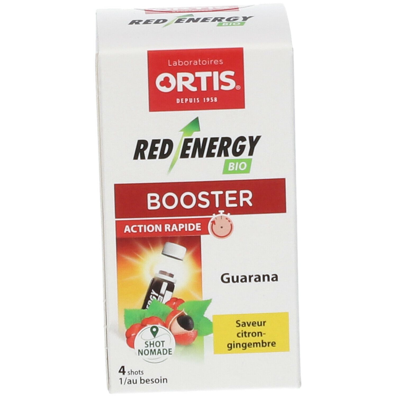 ORTIS® Red Energy BIO Booster. Witte doos met rode en groene tekst. Bevat 4 shots. Smaak: citroen-gember.
