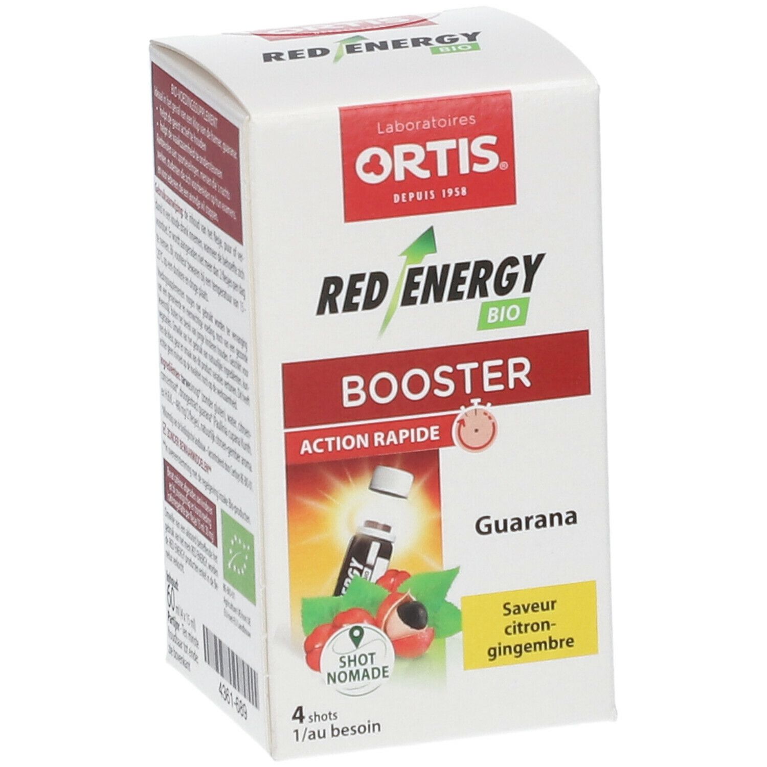 ORTIS® Red Energy BIO Booster. Witte doos met rode en groene tekst. Bevat 4 shots. Smaak: citroen-gember.