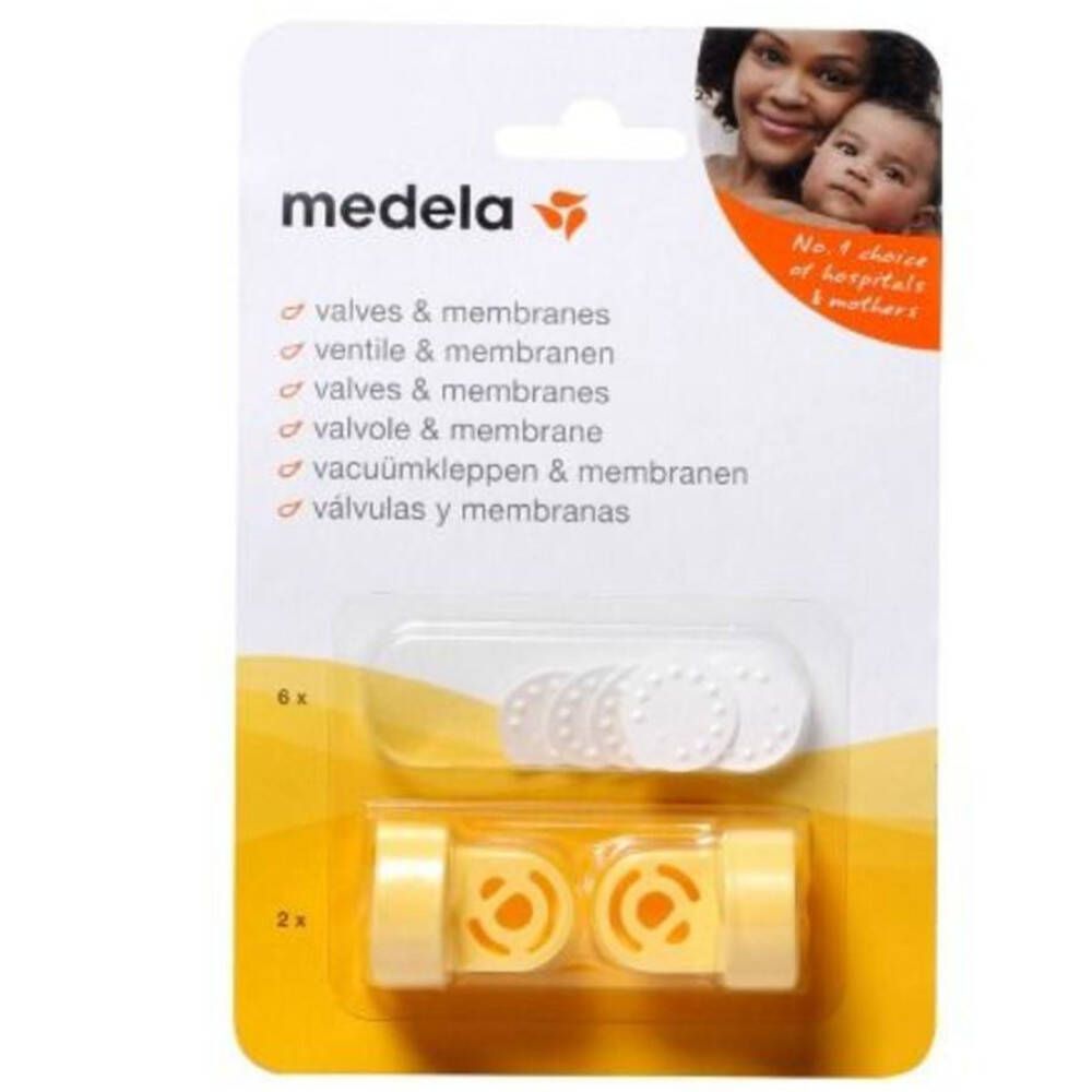 Verpakking met vervangende ventielen en membranen. Bevat gele ventielen en witte membranen. Merk Medela.