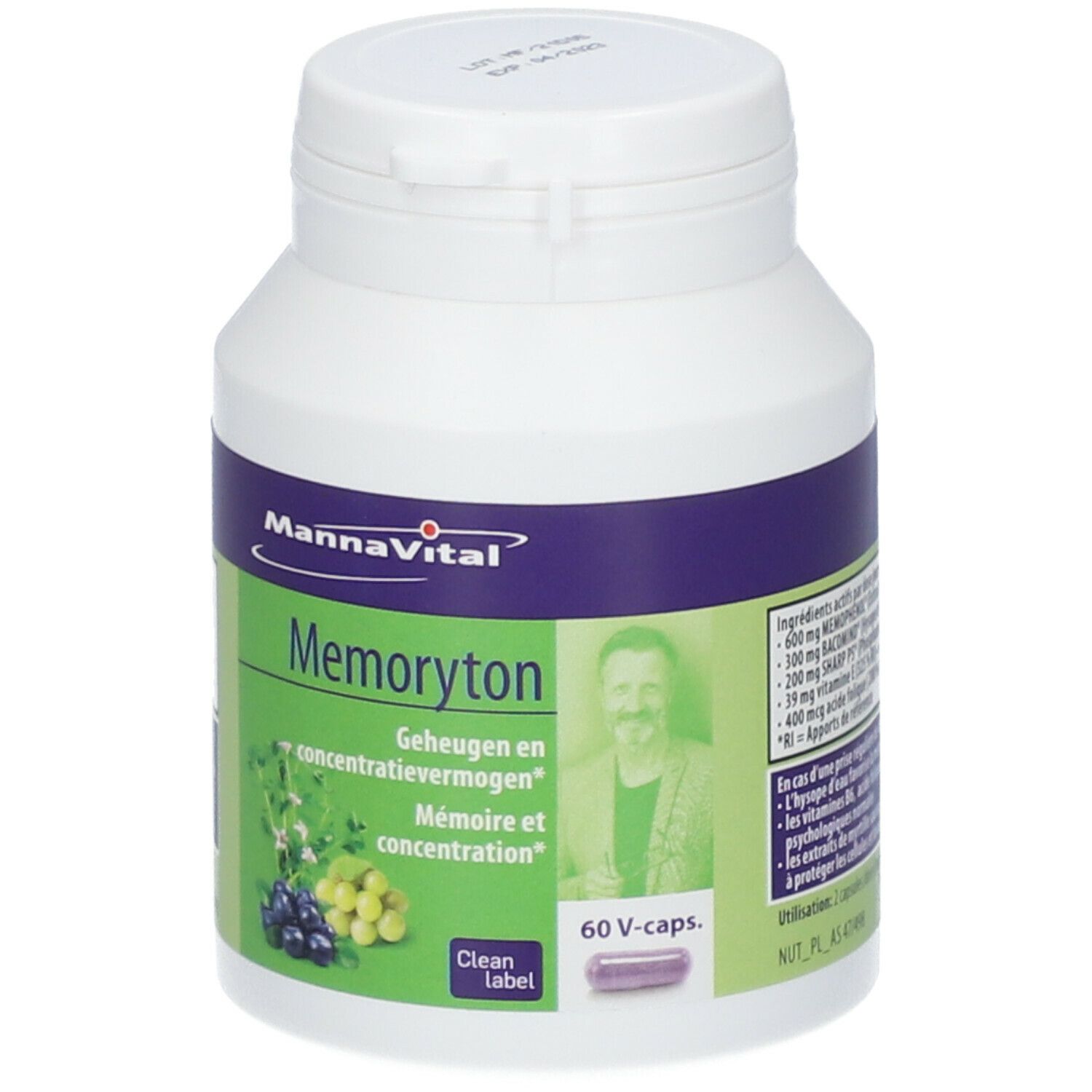 Witte fles met paarse band. MannaVital Memortyon, 60 V-caps. Opschrift: Geheugen en concentratievermogen.