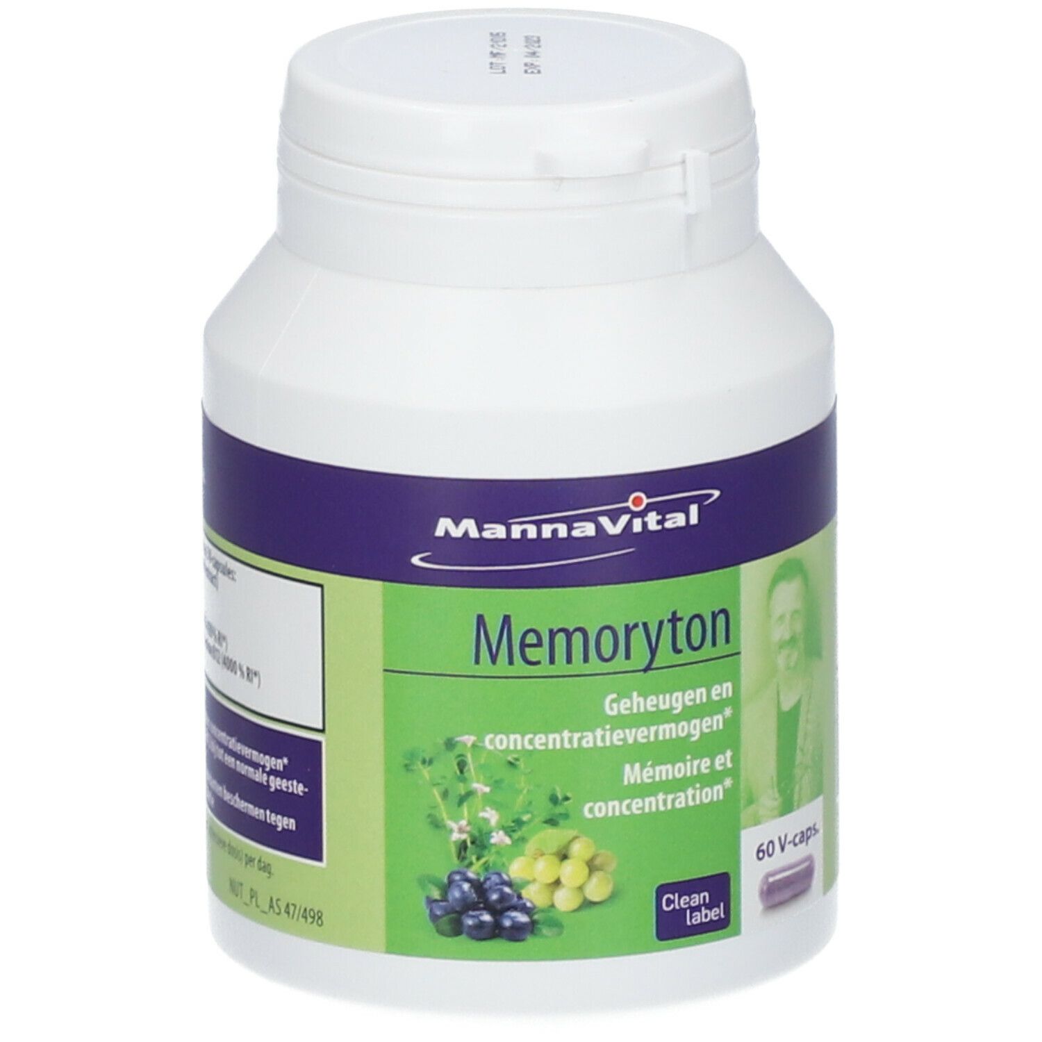 Witte fles met paarse band. MannaVital Memortyon, 60 V-caps. Opschrift: Geheugen en concentratievermogen.