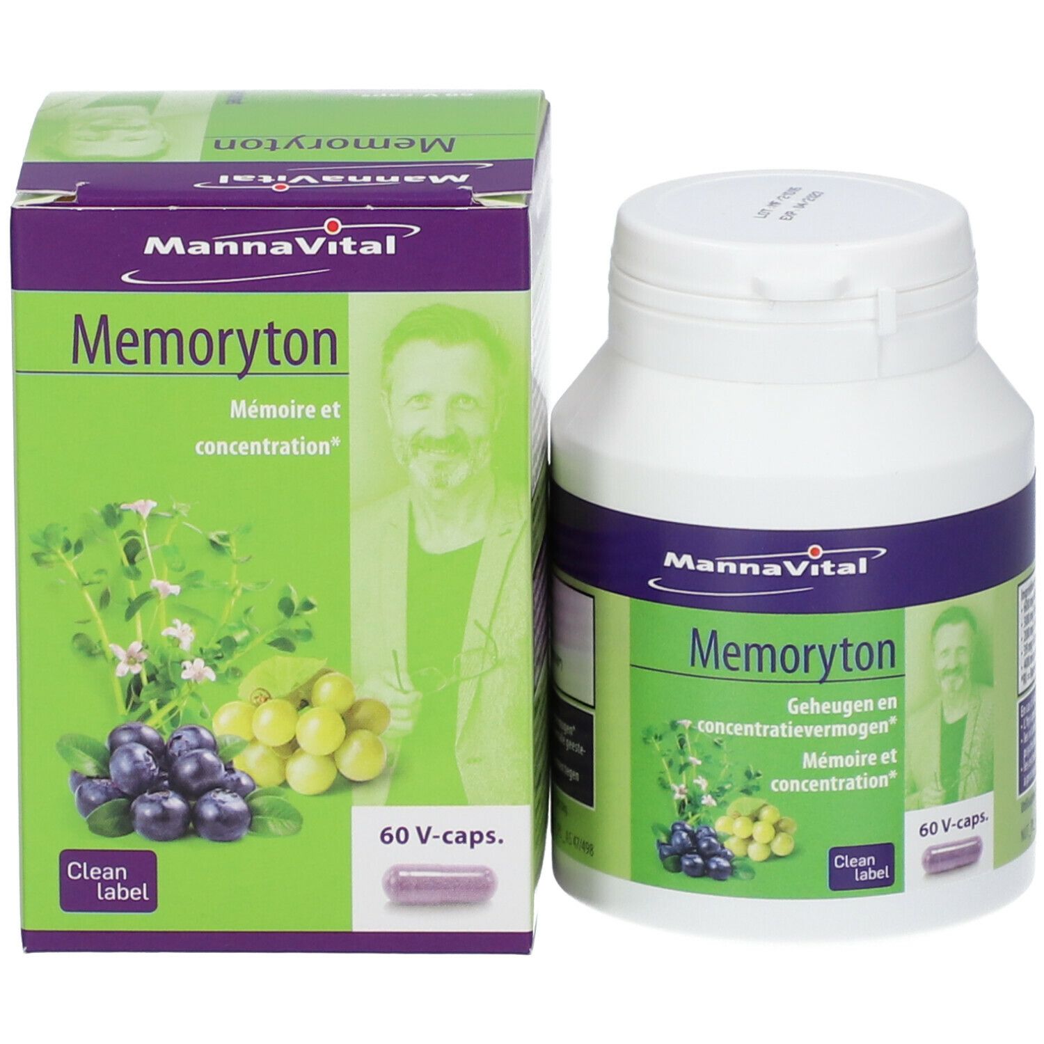 MannaVital Memortyon verpakking en fles. Opschrift: Geheugen en concentratievermogen, 60 V-caps.