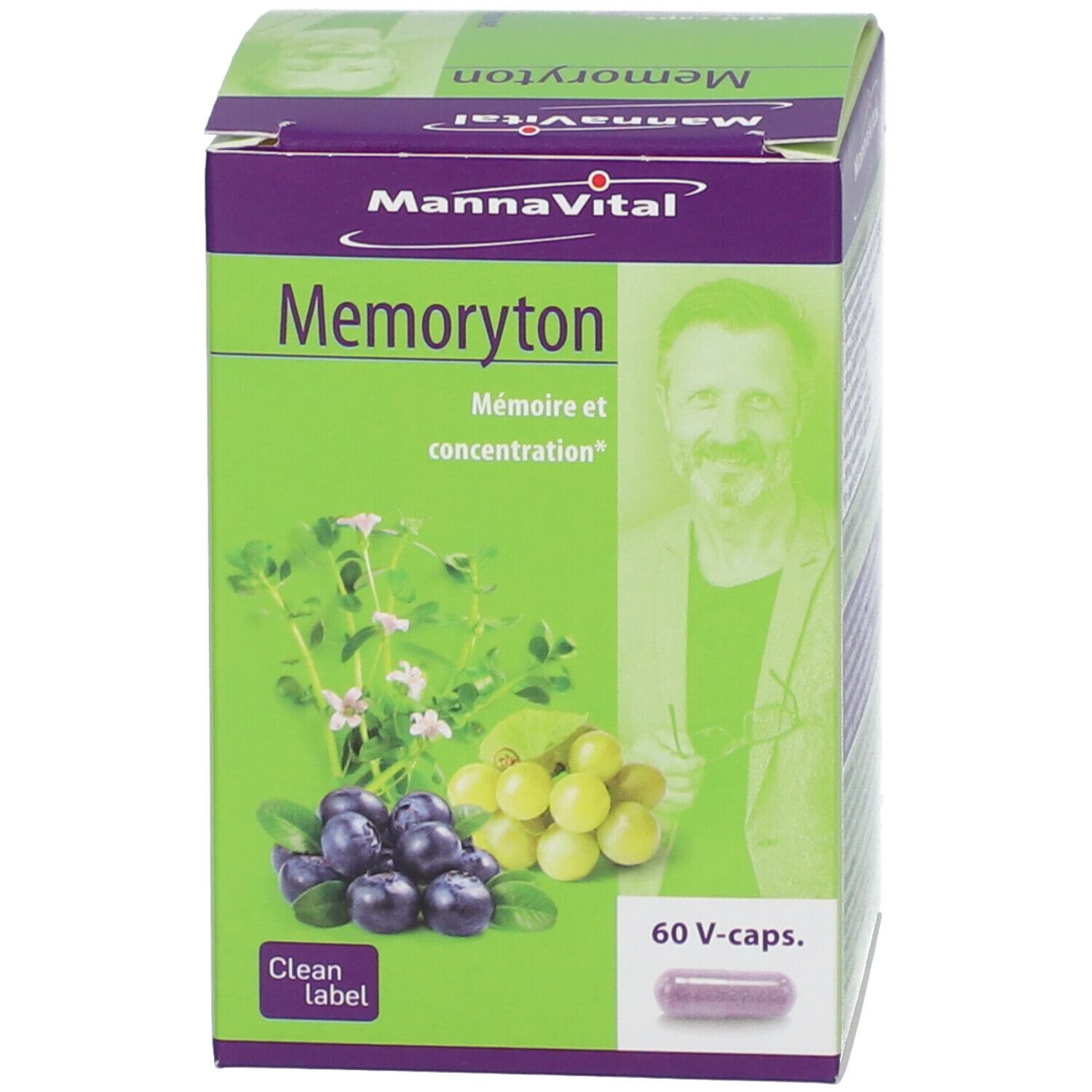 MannaVital Memortyon verpakking. Opschrift: Geheugen en concentratievermogen, 60 V-caps.