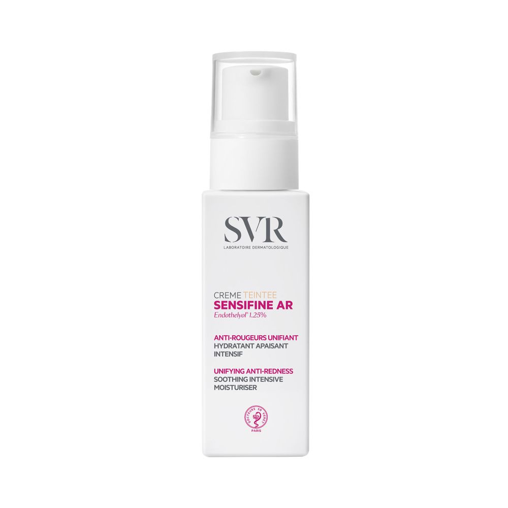Witte fles met SVR-logo en productnaam. Crème Teintée Sensifine AR. Met pompje.