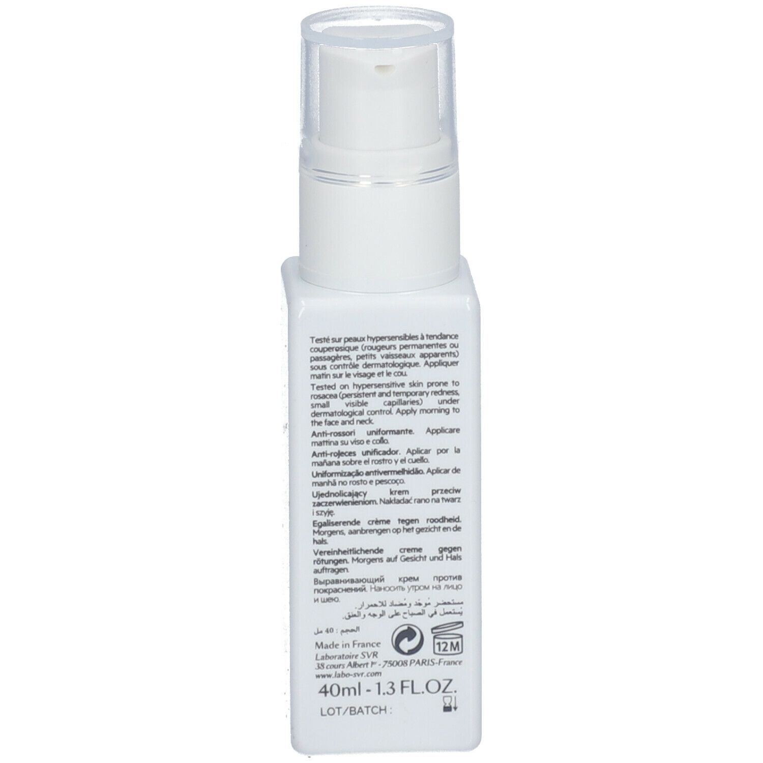 Dos du flacon blanc. Informations, ingrédients, fabricant. 40ml.