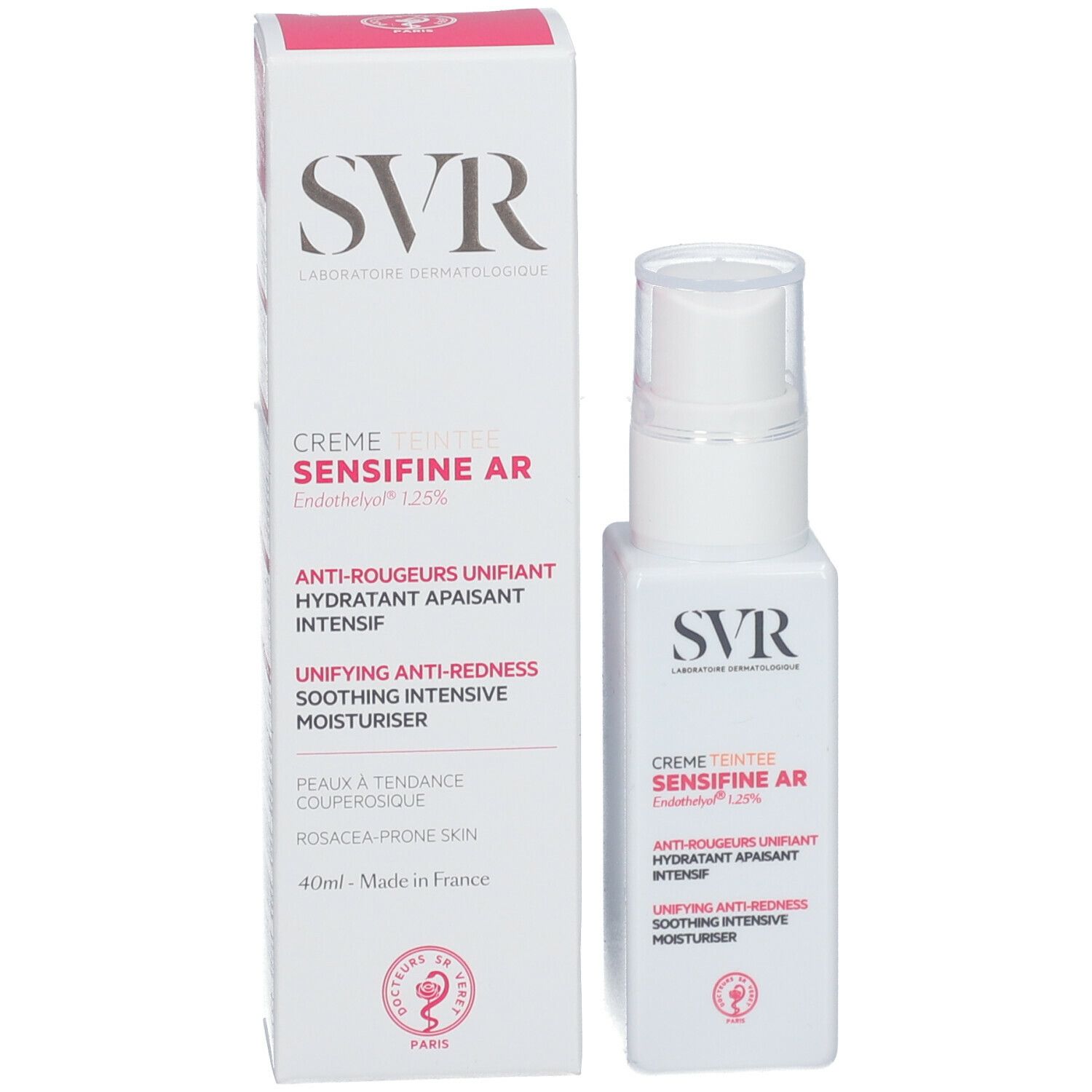 Emballage et flacon. SVR Crème Teintée Sensifine AR. Emballage avec logo et texte.