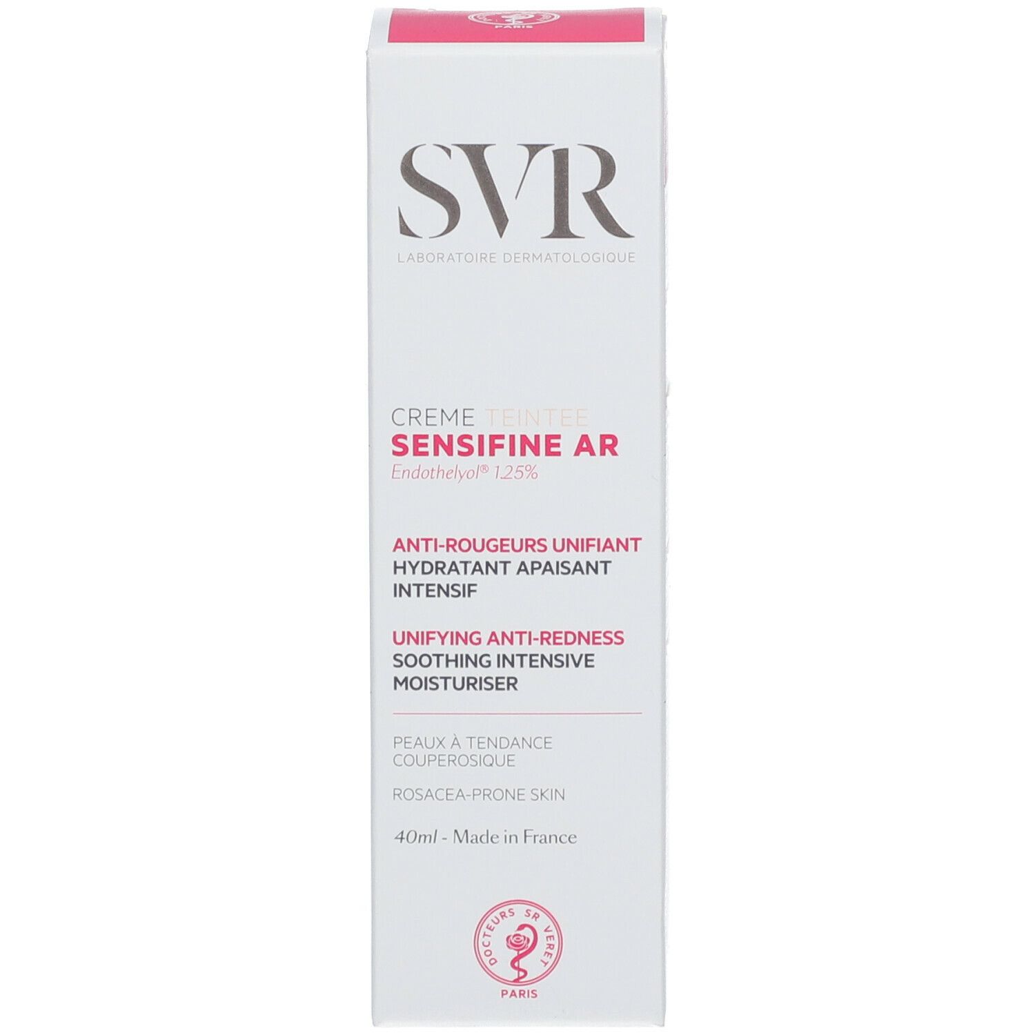 Emballage du produit. SVR Crème Teintée Sensifine AR. Logo, nom du produit et texte sur fond blanc.