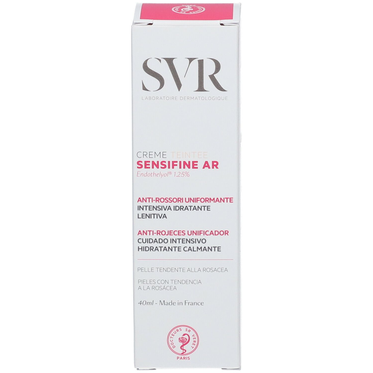 Emballage du produit. SVR Crème Teintée Sensifine AR. Logo, nom du produit et texte sur fond blanc.