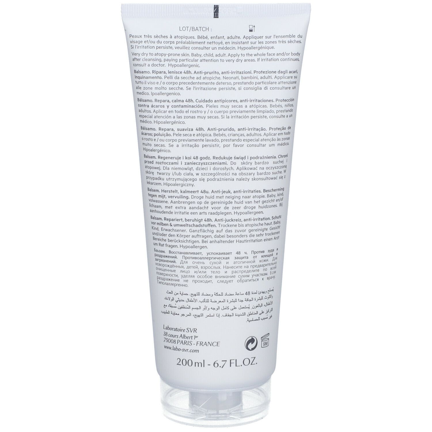 Achterkant van de witte tube met meertalige tekst, waaronder Frans, Italiaans, Duits en Nederlands. 200ml.