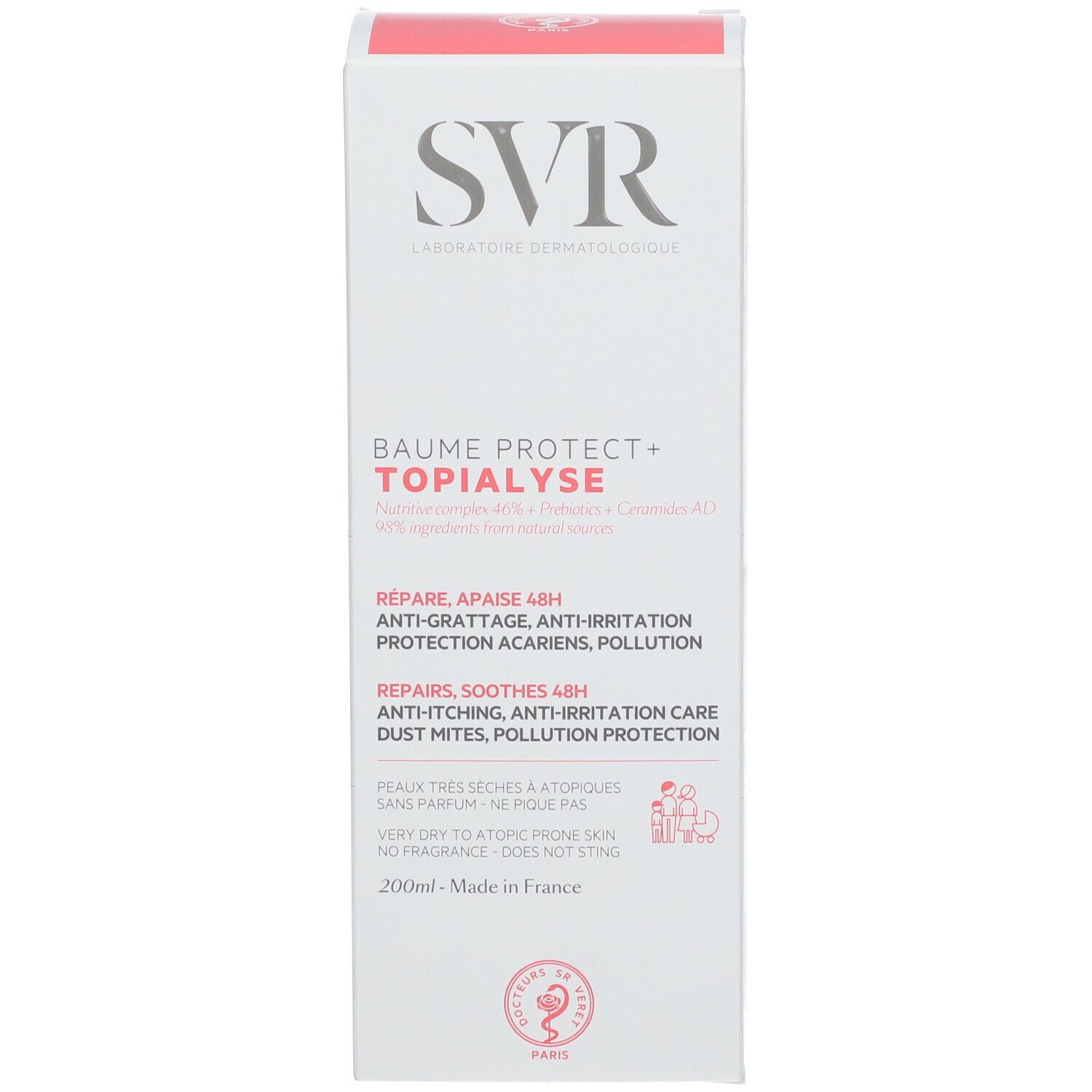 Witte doos met SVR-logo en productnaam. Bevat Franse tekst. Roze accent.