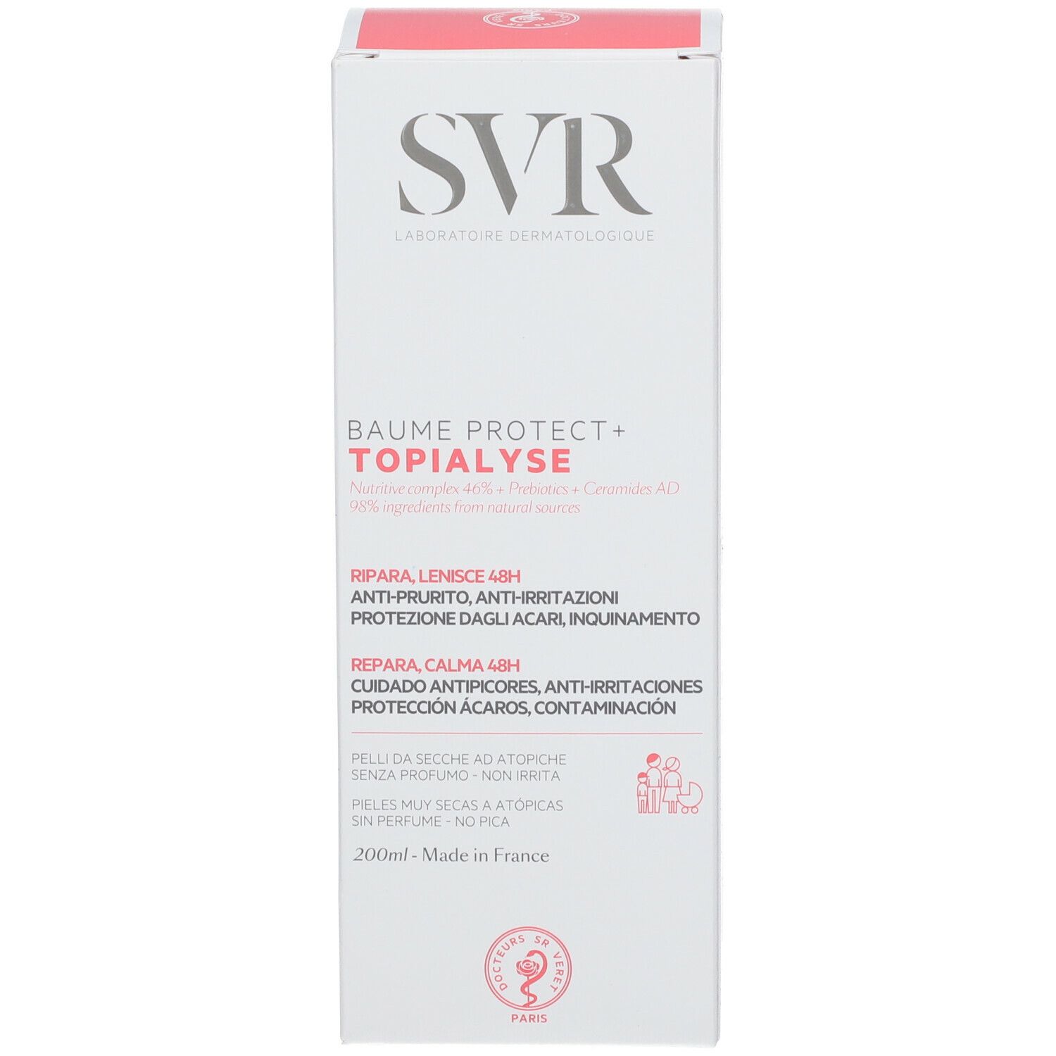 Achterkant van de productverpakking. Franse, Italiaanse en Spaanse tekst. Roze accent.