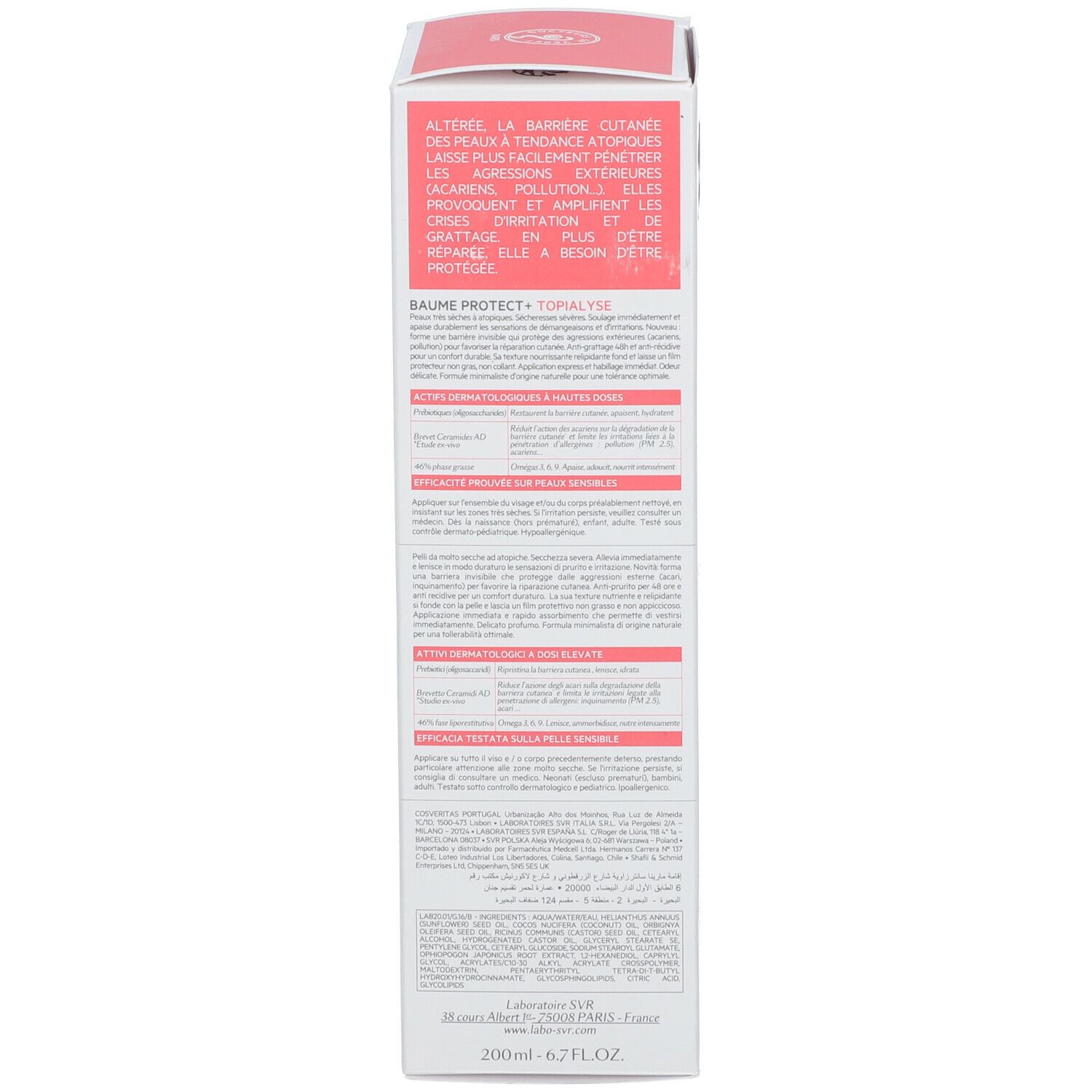 Achterkant van de productverpakking. Franse tekst. Roze accent. Bevat informatie over het product.