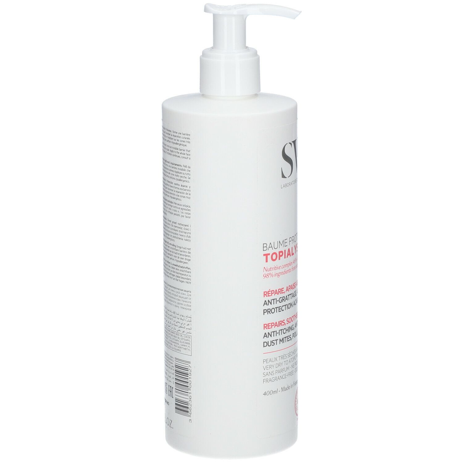 Achterkant van een witte fles met pomp. Tekstinformatie, inclusief ingrediënten en fabrikant.