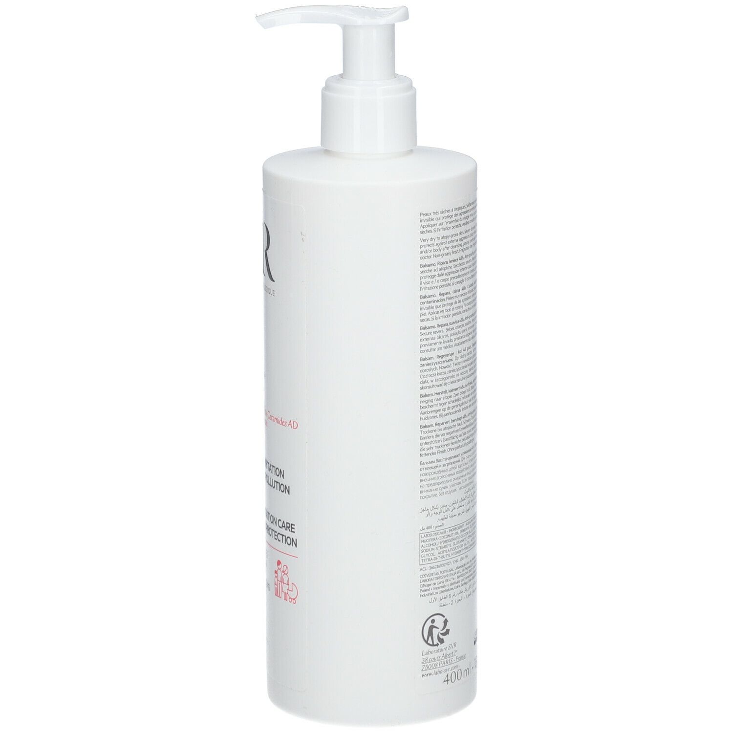Achterkant van een witte fles met pomp. Tekstinformatie, inclusief ingrediënten en fabrikant.
