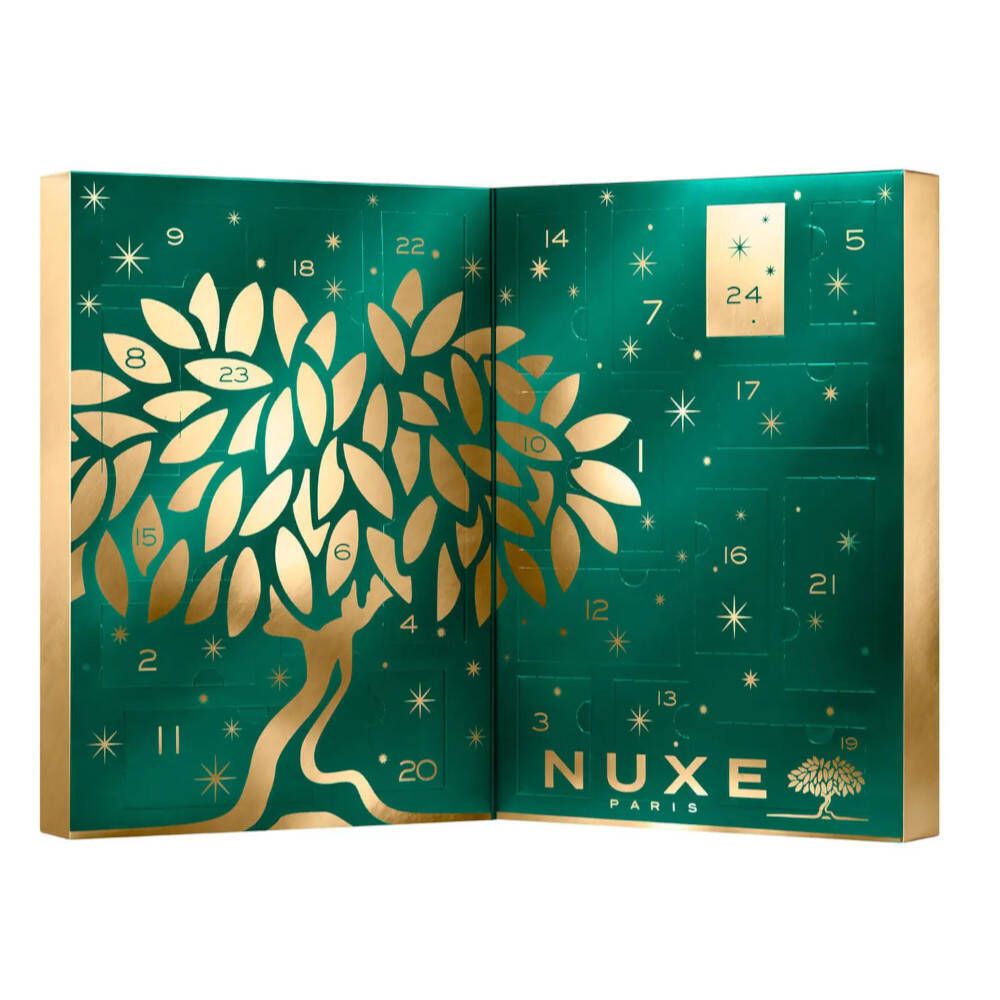 Adventskalender geöffnet. Grüner Hintergrund mit goldenem Baum und Zahlen für die Tage.