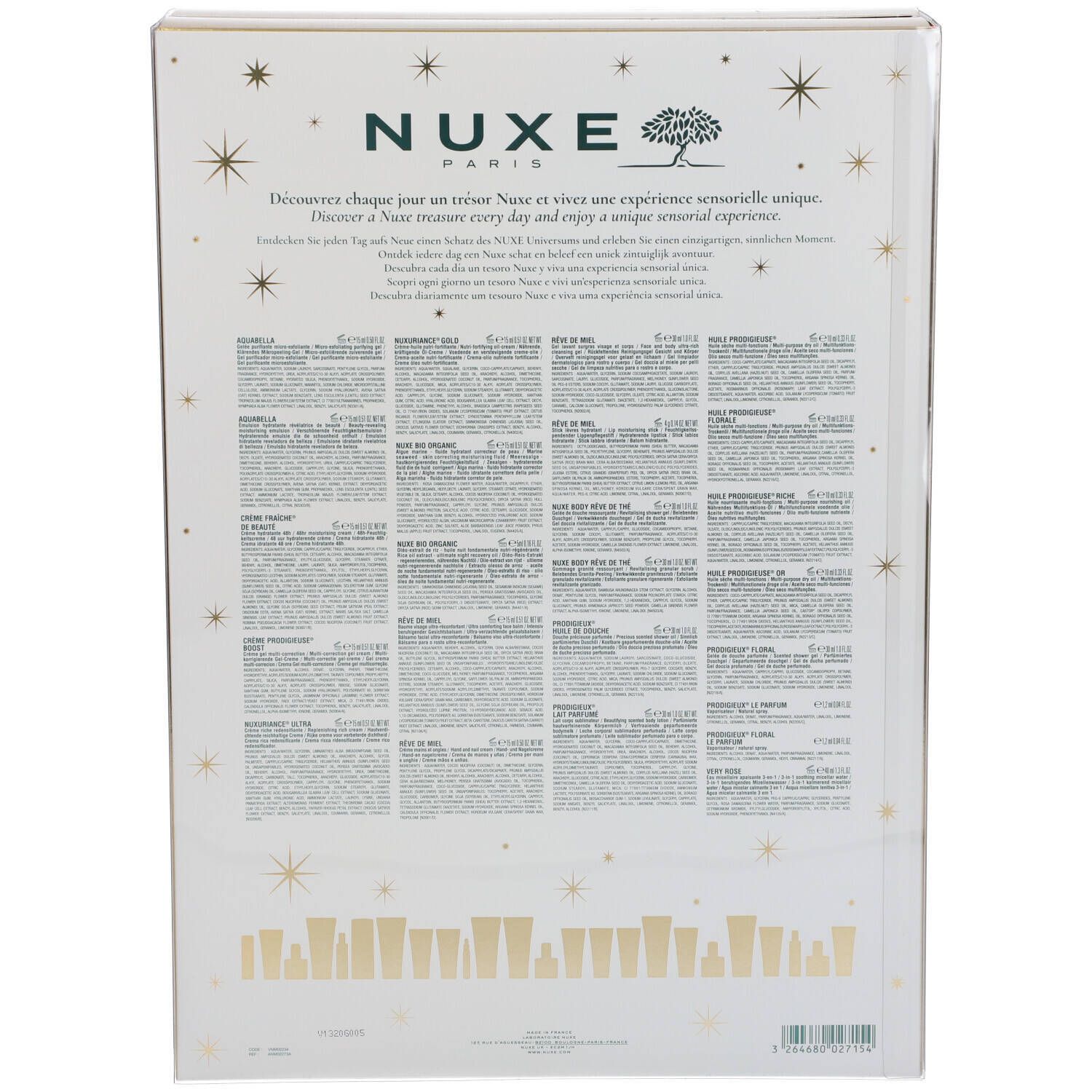 Rückseite des Adventskalenders mit Text in mehreren Sprachen und Produktabbildungen.