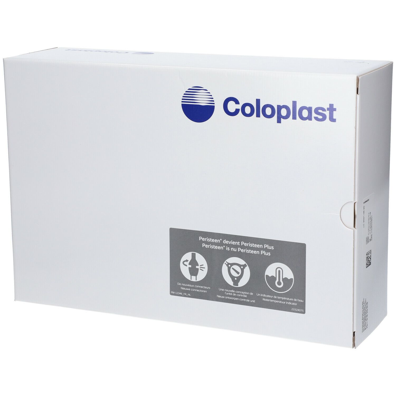 Emballage blanc Coloplast. Logo et nom de la marque Coloplast. Étiquette grise avec pictogrammes et texte: Peristeen Plus.