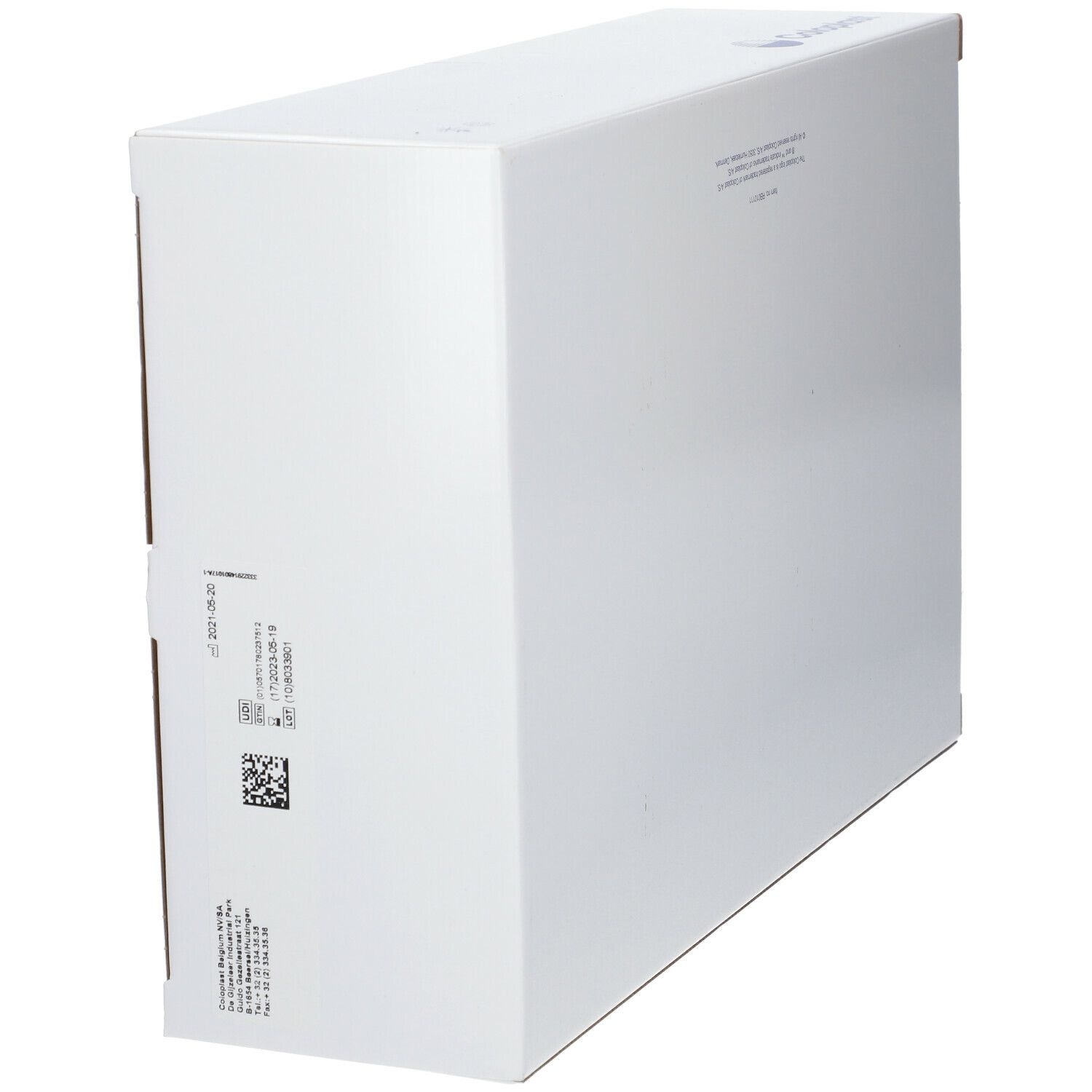 Emballage blanc. Impression avec informations produit et code QR. Aucune marque ou nom de produit visible.